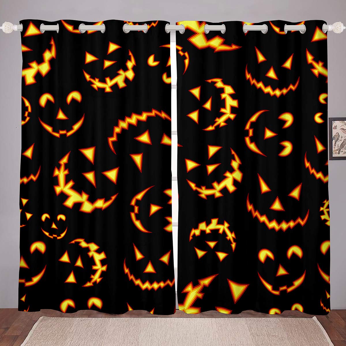 Manfei Halloween Pumpkin Lantern Window Curtains - Ghost Festival Themed Blackout Drapes for Bedroom & Living Room - 2 Panel Set with Steel Grommet Top (84x90 Inches) - Perfect for Spooky Decor, Fall Seasonal Home Decor & Halloween Party Decorations