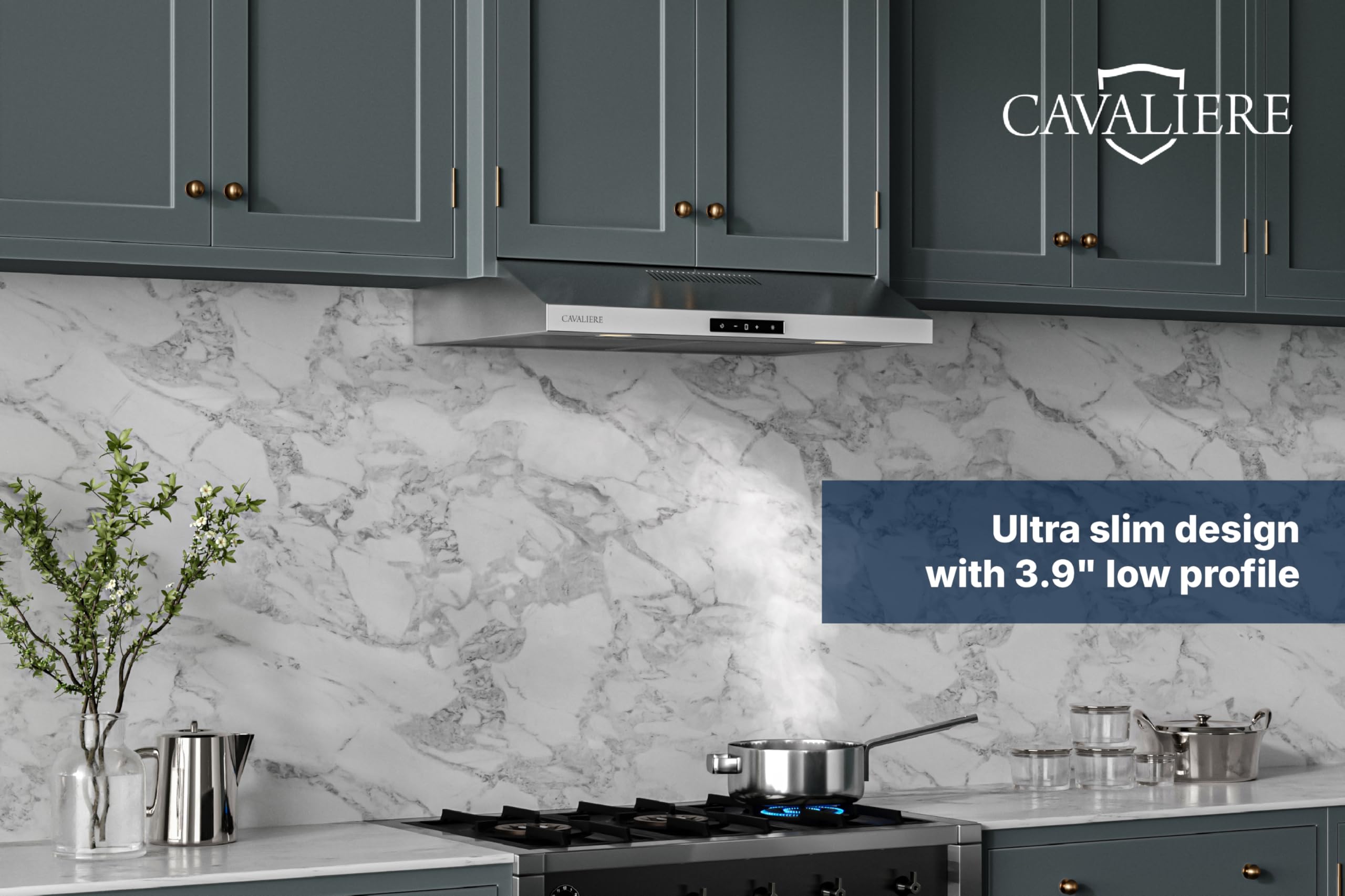 CAVALIERE 30 Inch Under Cabinet Range Hood - Ultra Slim Stainless Steel Kitchen Exhaust Vent with 200 CFM, 3 Speed Fan & Touch Control LED Lights - 3 Year Warranty - Perfect for Modern Kitchens and Small Spaces