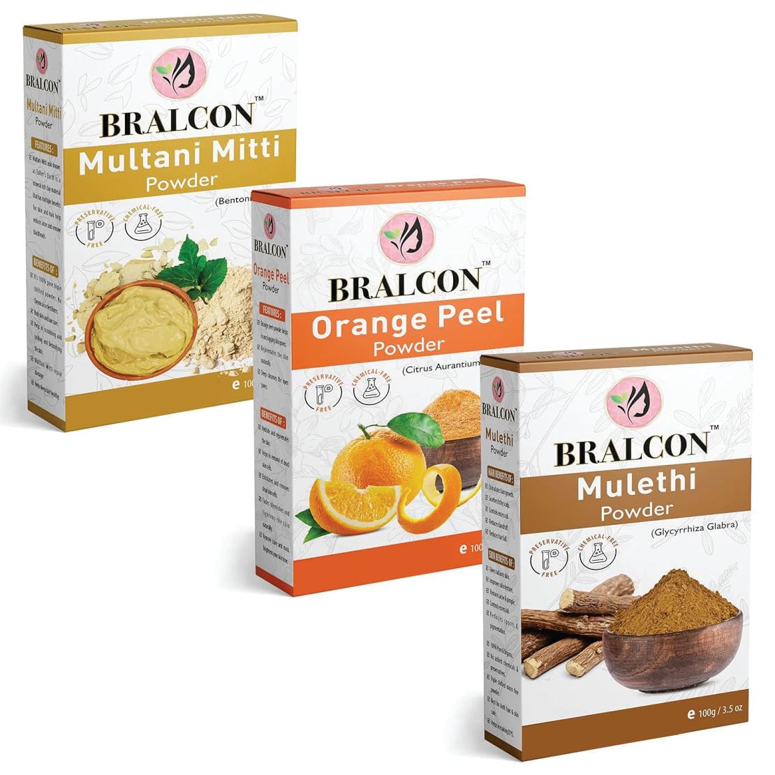 BRALCON Multani Mitti, Orange, Mulethi Powder Combo - 300g (100g x 3 Pack) for Skin Care, Face Mask & Hair Treatment | Natural Clay Facial Cleanser, Ayurvedic Beauty Powder for Glowing Skin & Healthy Hair | Perfect for Spa Day, DIY Beauty Routine & Home Remedies