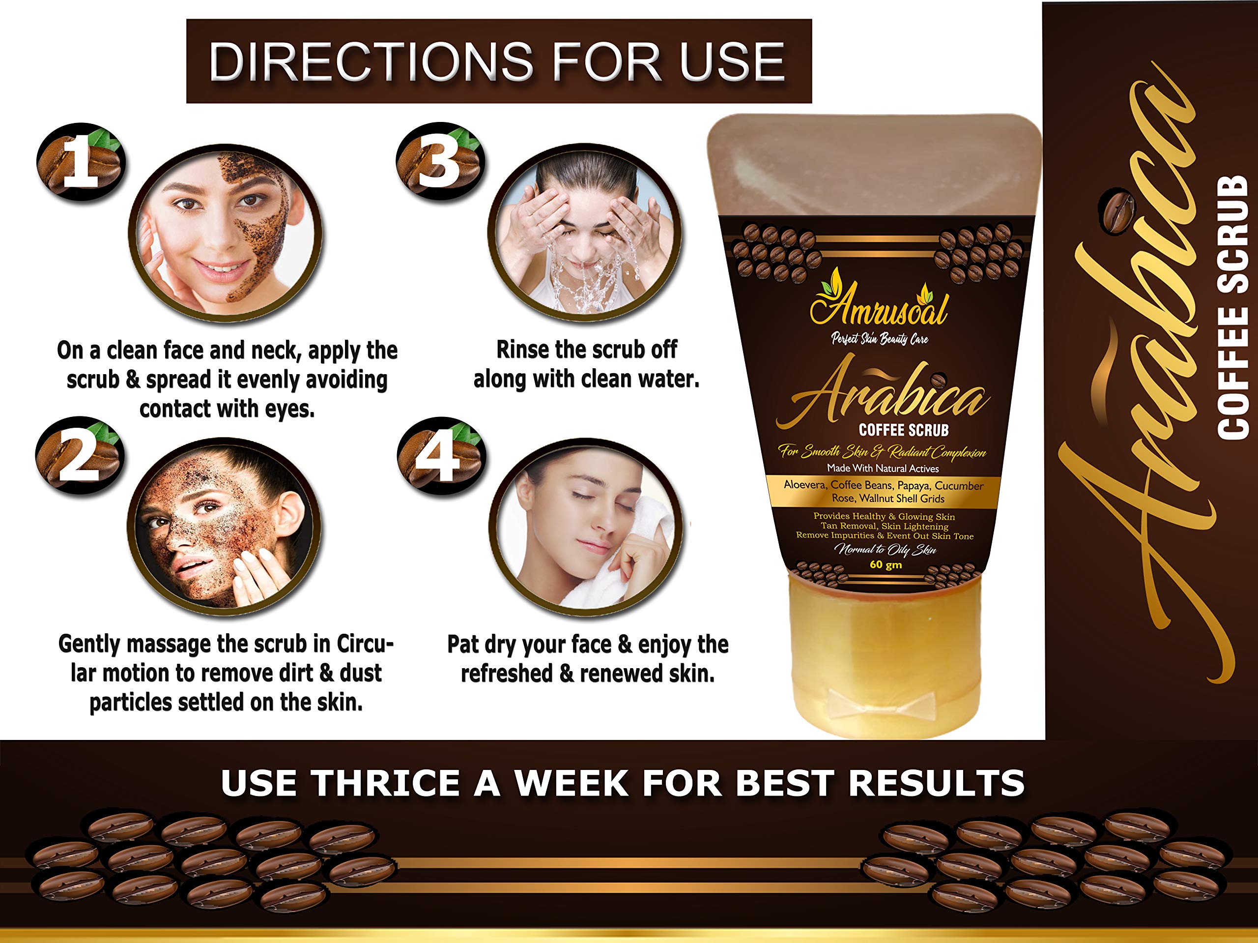 AMRUSOAL Arabica Coffee Face Scrub - Exfoliating & Deep Cleansing for Glowing Skin | Anti-Cellulite Body Scrub for Men & Women | Brightening Moisturizer with Fruit Extracts & Caffeine | Tan Removal Treatment - 60g | Perfect for Spa Day & At-Home Skincare Routine