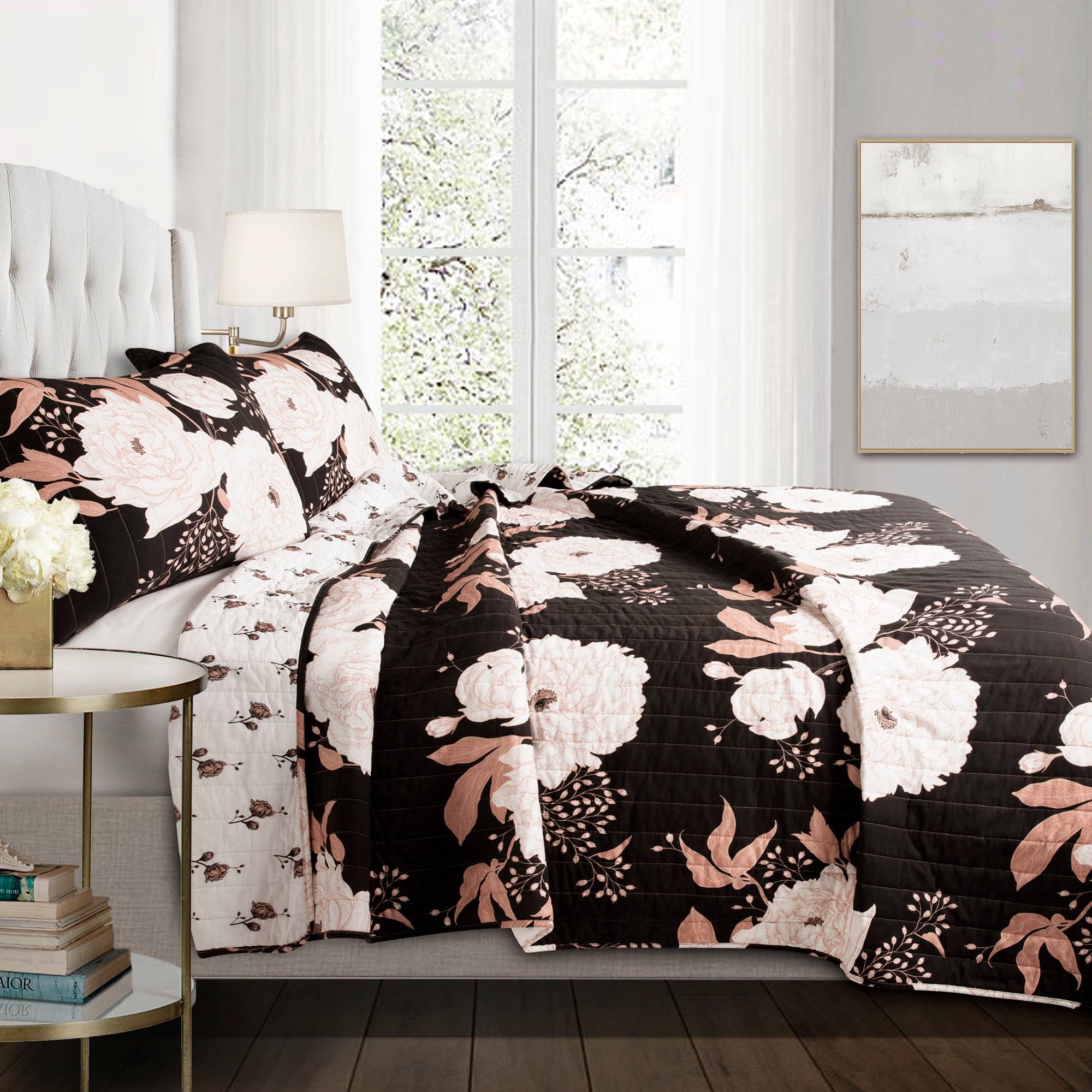 Zinnia Floral 3-Piece Quilt Set - Queen Size Bedding, Soft Microfiber Comforter with Matching Pillow Shams - Perfect for Master Bedroom, Guest Room & Cozy Home Decor
