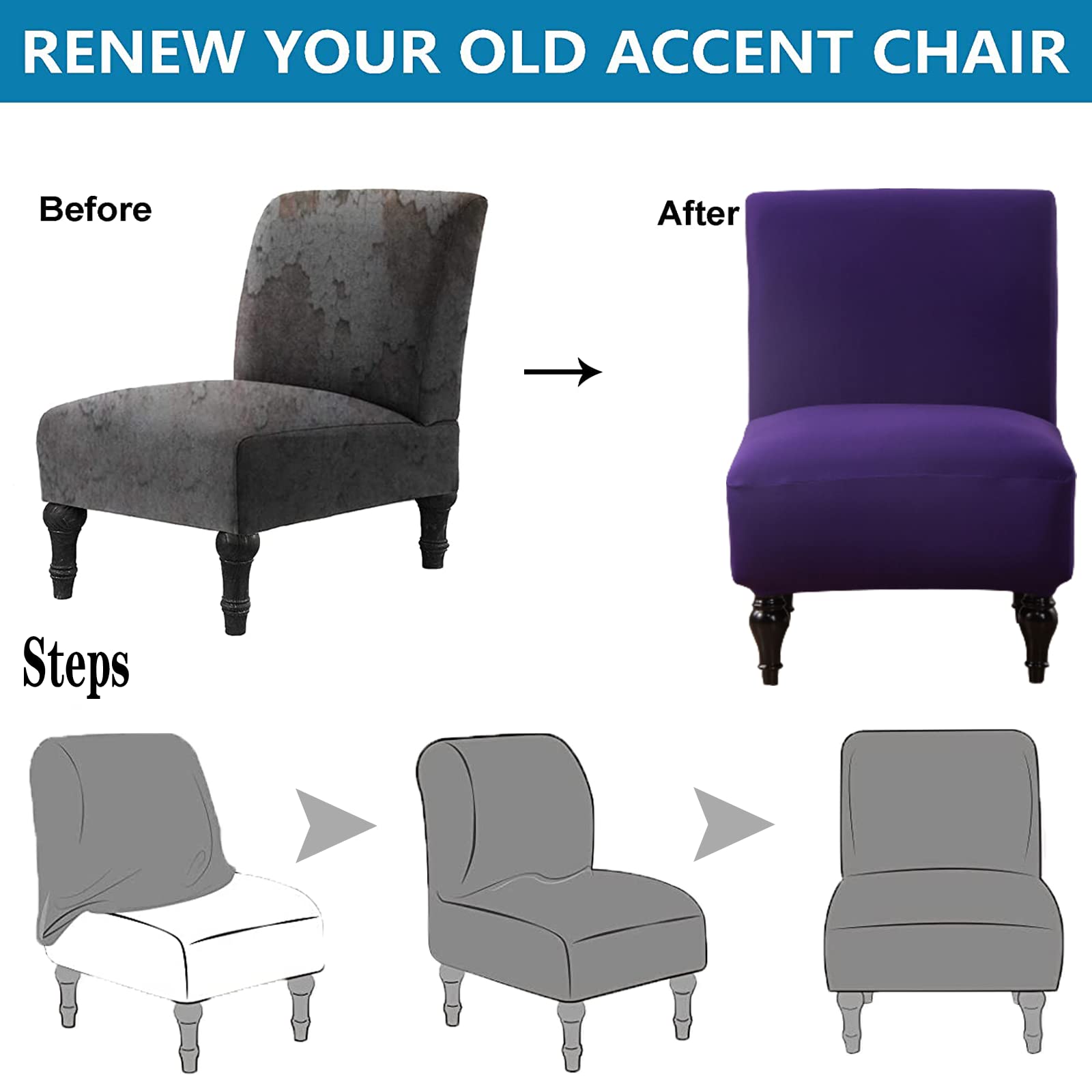 Stretch Spandex Armless Accent Chair Slipcover - Washable Furniture Protector for Slipper Chairs | Fits Living Room, Hotel & Office | Purple Patterned Removable Cover (2-Pack)