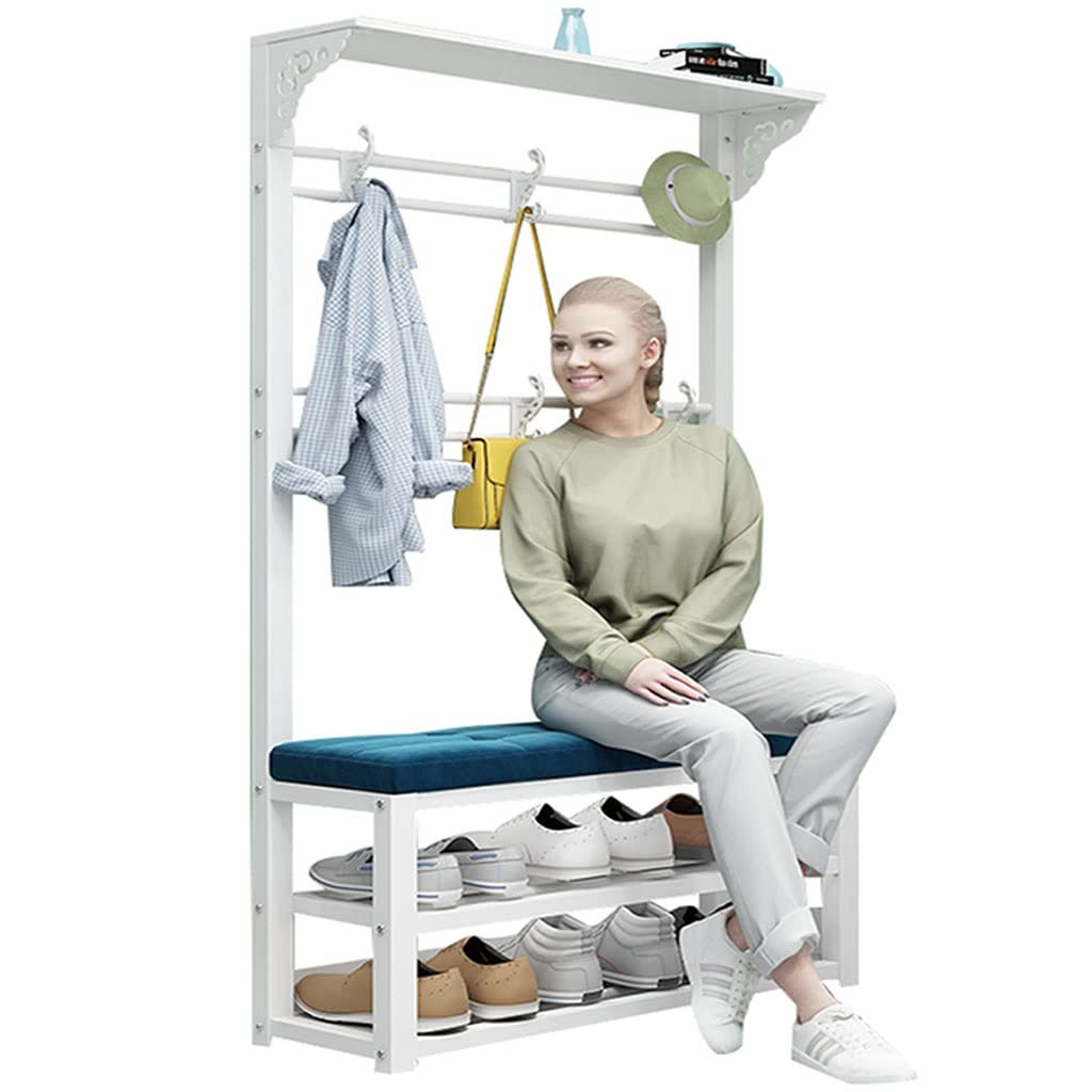 3-in-1 Entryway Hall Tree Bench with 2-Tier Shoe Storage, Seat Cushion & Coat Hooks - Space Saving Shoe Rack Organizer for Bedroom, Hallway, Living Room & Entryway - Perfect for Small Apartments & Home Organization
