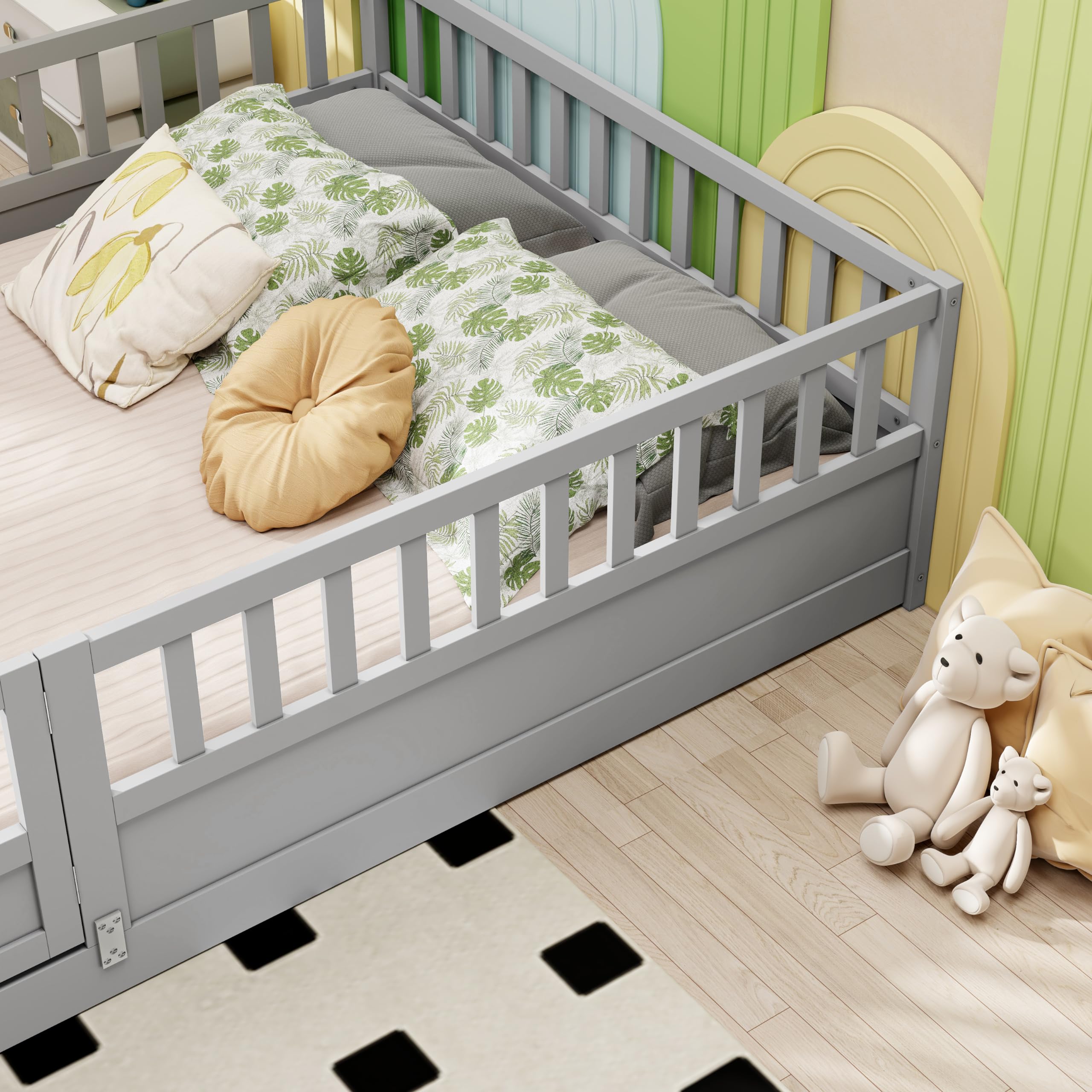 Montessori Wood Floor Bed for Kids - Full Size with High Safety Rails & Door Design, Grey - No Bed Slats Needed - Perfect for Toddler Rooms, Daycare Centers & Montessori Classrooms