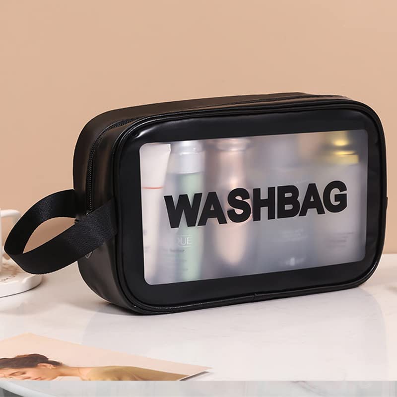 Luxula Clear PVC Zipper Cosmetic Travel Bag with Hook - Waterproof Makeup Pouch & Toiletry Organizer for Women & Kids - Portable Wash Case for Bathroom, Gym, Camping (Medium, Black)