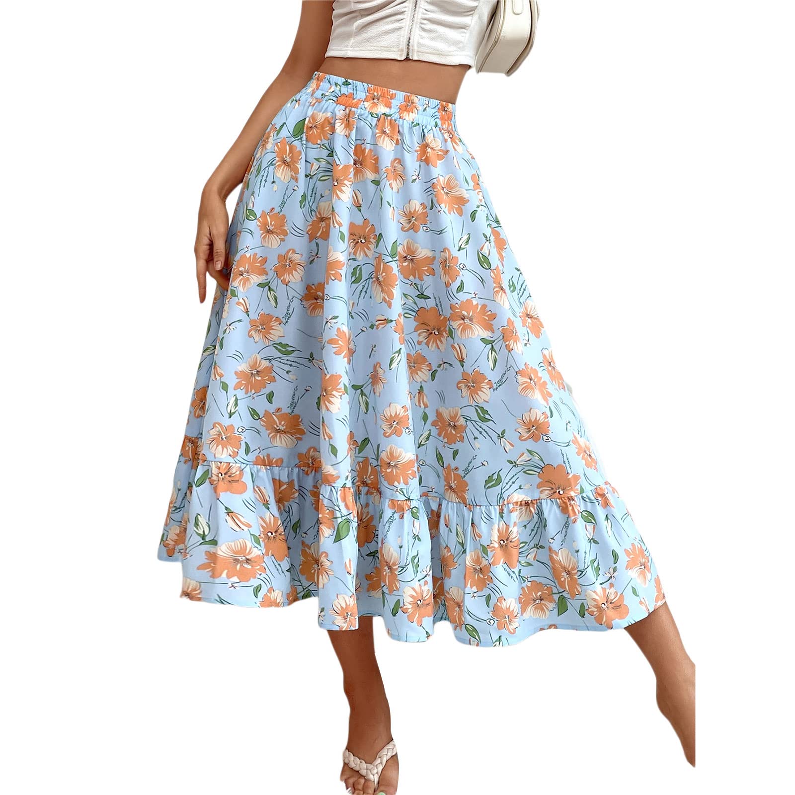 Women's Floral Print A-Line Skirt with Elastic Waist & Ruffle Hem - Casual Long Maxi Skirt for Summer, Beach, Boho Style & Everyday Wear