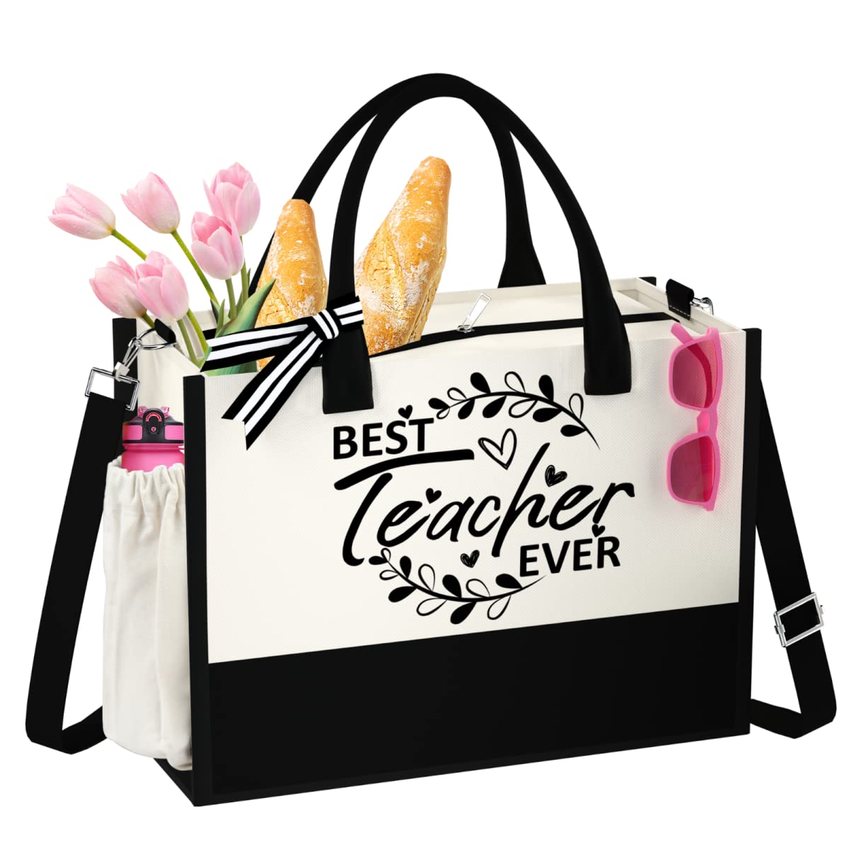 QLOVEA Best Teacher Ever Canvas Tote Bag with Zipper Closure & Side Pocket - Teacher Appreciation Gift for Women, Graduation Thank You Present - Perfect for Teachers Day, Birthday, Classroom Use & School Events