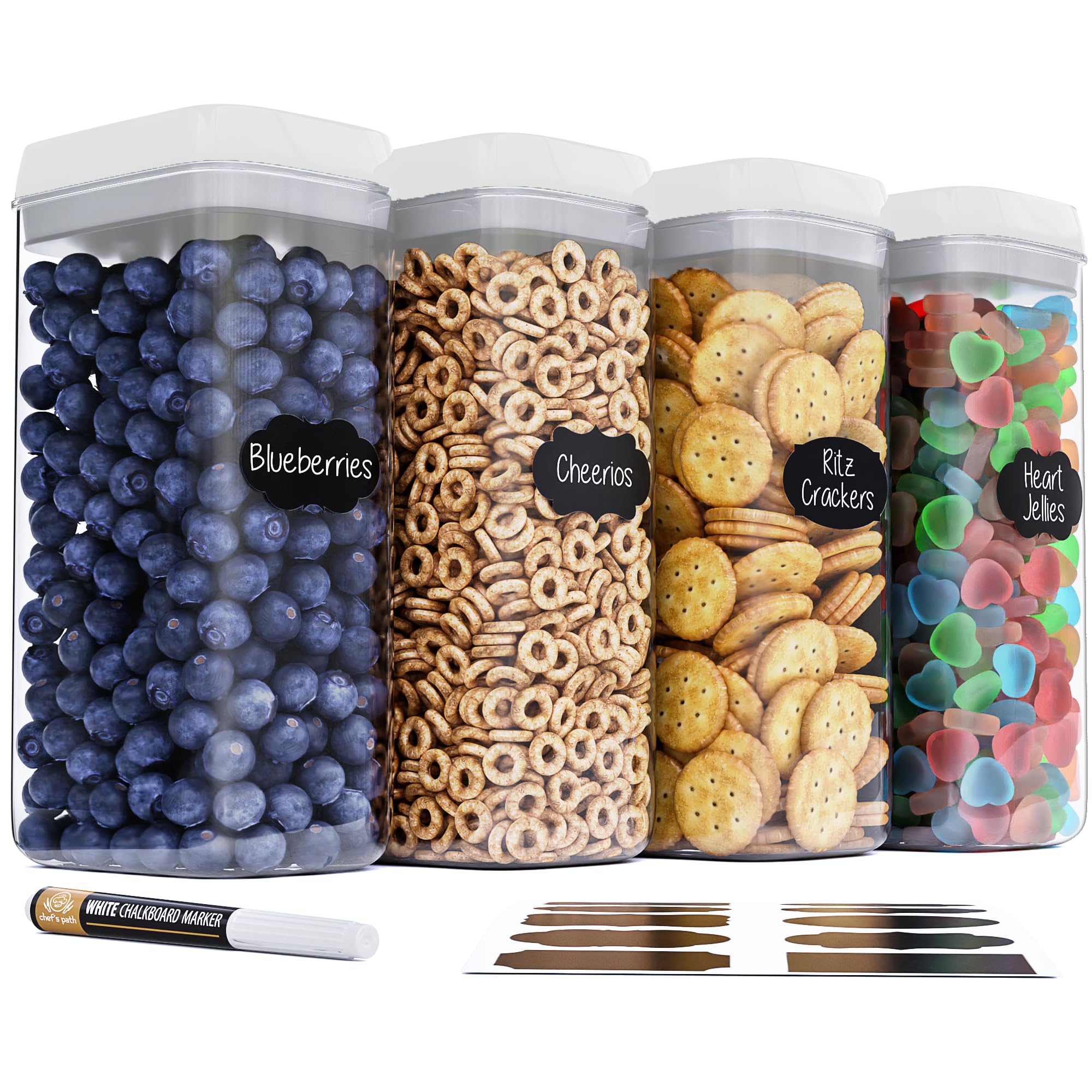 Chef's Path 4-Piece Large Airtight Food Storage Containers Set (3.2L/109Oz) with White Lids - Clear Kitchen & Pantry Canisters for Pasta, Cereal, Noodles, Flour | Perfect for Meal Prep, Bulk Food Storage & Organized Kitchen