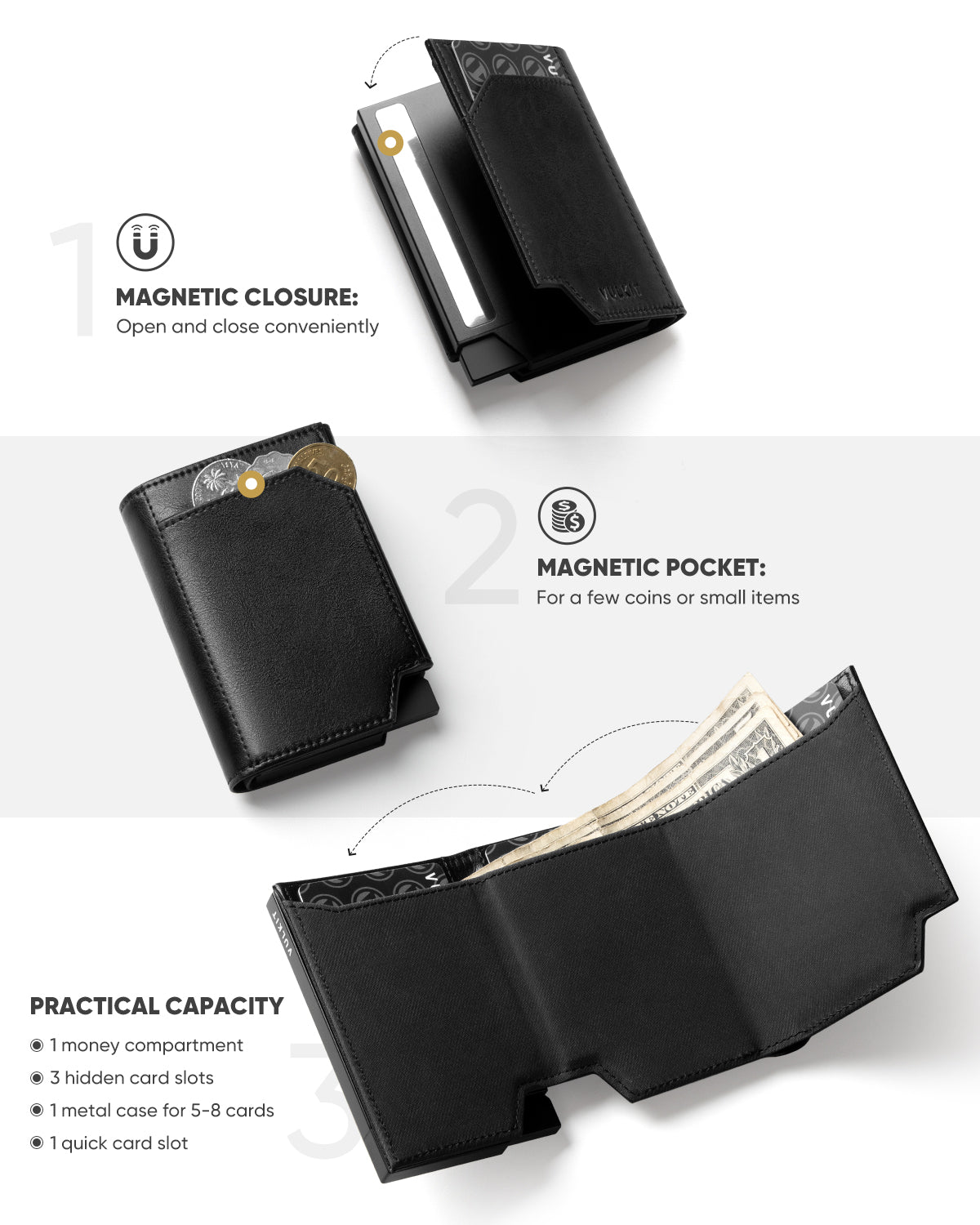 VC403 Genuine Leather Trifold Wallet for Men - RFID Blocking, Magnetic Closure, Money & Coin Pockets - Perfect for Everyday Carry, Travel & Business Use