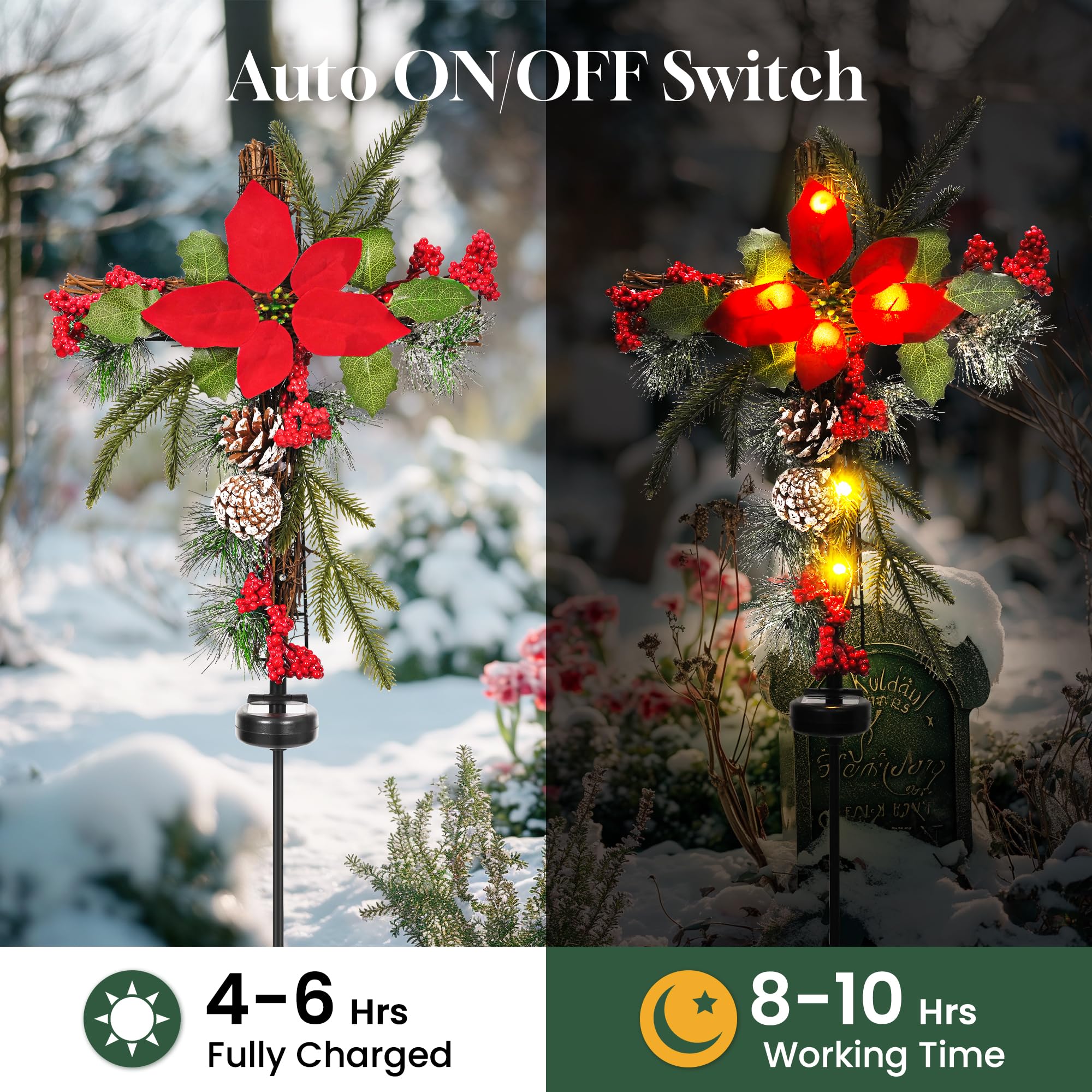 Outdoor Solar Christmas Decorations - Set of 2 Waterproof Cross Stake Lights with Faux Pine Cones & Flowers for Cemetery Grave Memorial - Perfect for Garden, Yard, Lawn & Holiday Decor