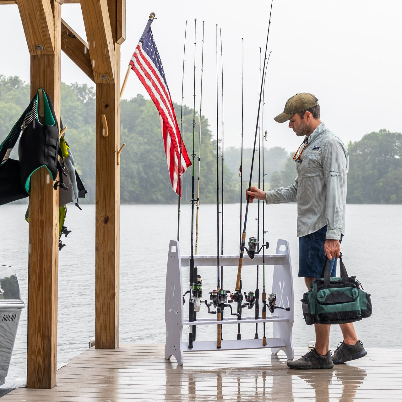Premium Marlin Fishing Rod Storage Stand - Heavy Duty 24 Rod Holder for Saltwater & Freshwater Fishing Gear - Perfect for Garage, Boat, or Tackle Shop Organization