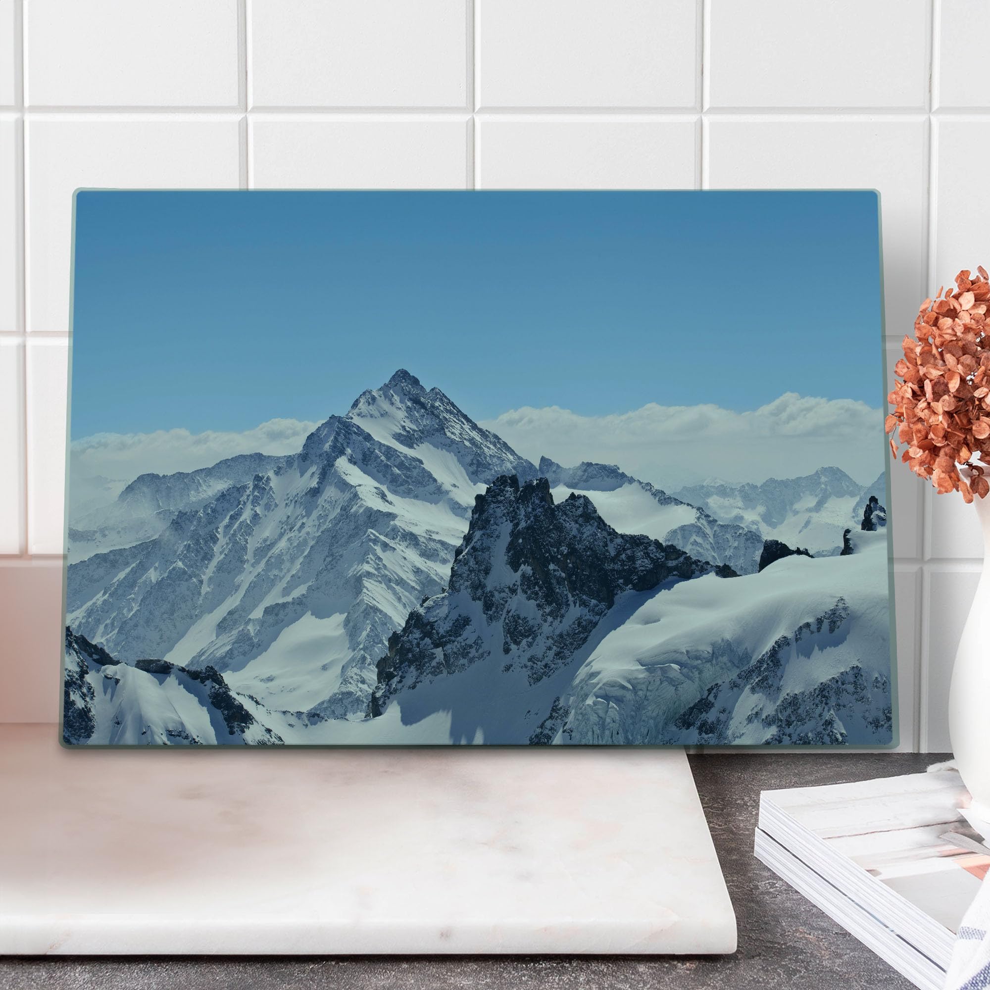 Ambesonne Winter Themed Tempered Glass Cutting Board - Snowy Rocky Mountain Peaks Landscape Design - Large White & Blue Decorative Serving Board for Cheese, Charcuterie & Holiday Entertaining - Durable Kitchen & Dining Accessory for Christmas, Winter Parties & Home Decor