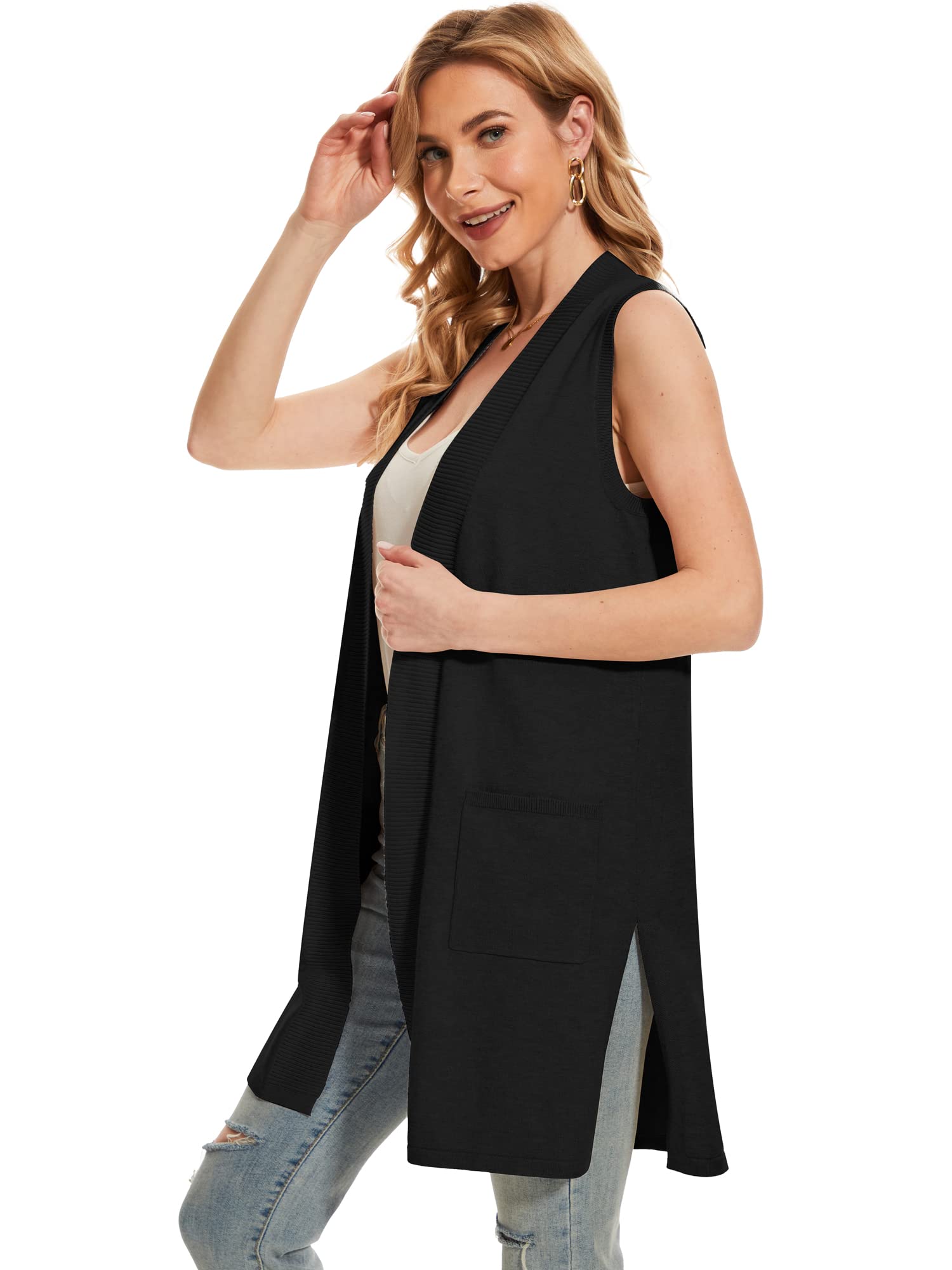 Women's Moss Rose Long Vest - Sleeveless Lightweight Open Front Cardigan with Ribbed Knit & Pockets | Perfect for Layering, Office Wear & Casual Outfits