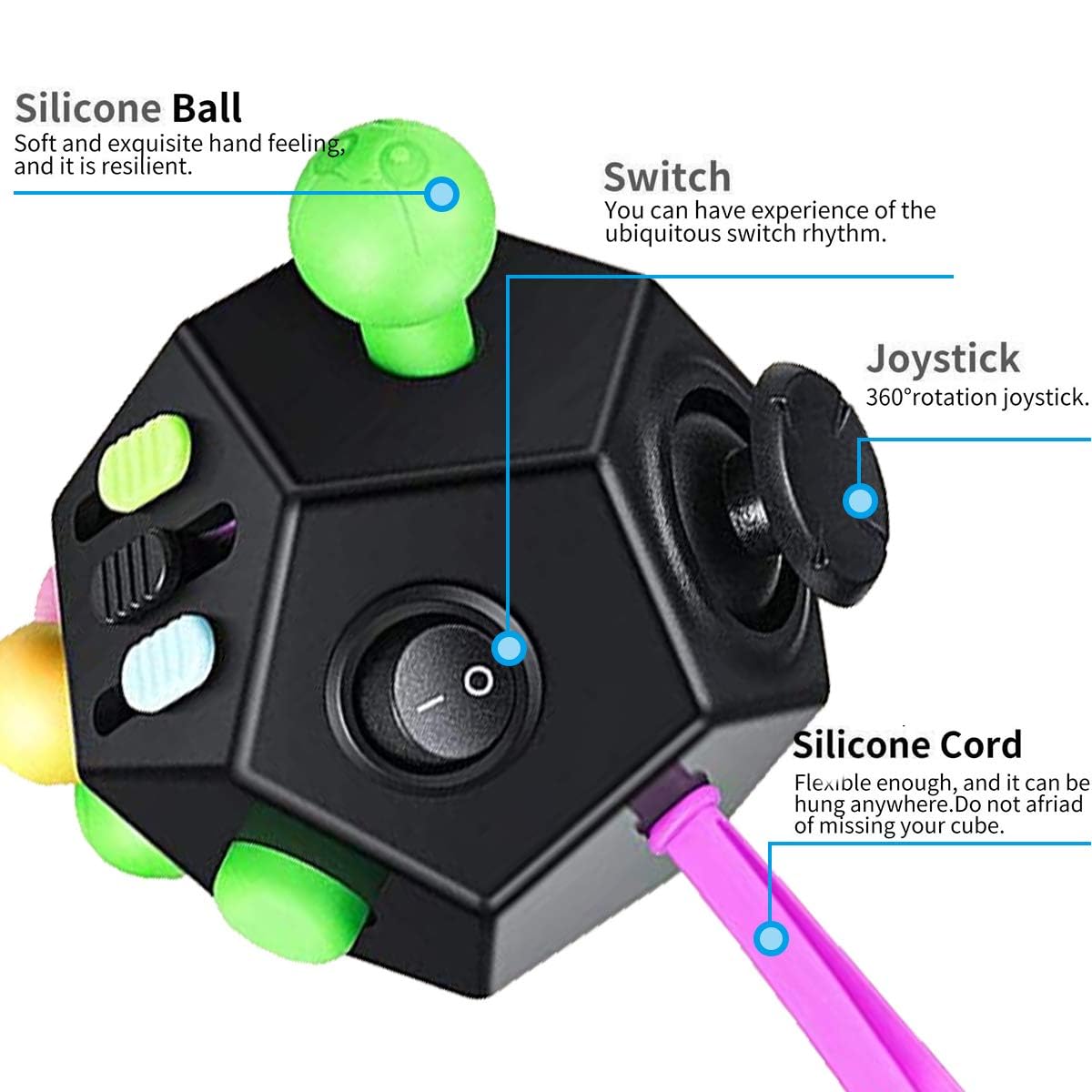 12-Sided Fidget Cube Toy for Stress Relief - Anxiety Sensory Toys for Kids, Teens & Adults with ADHD, OCD, Autism - Perfect for Office, School & Travel (Black)