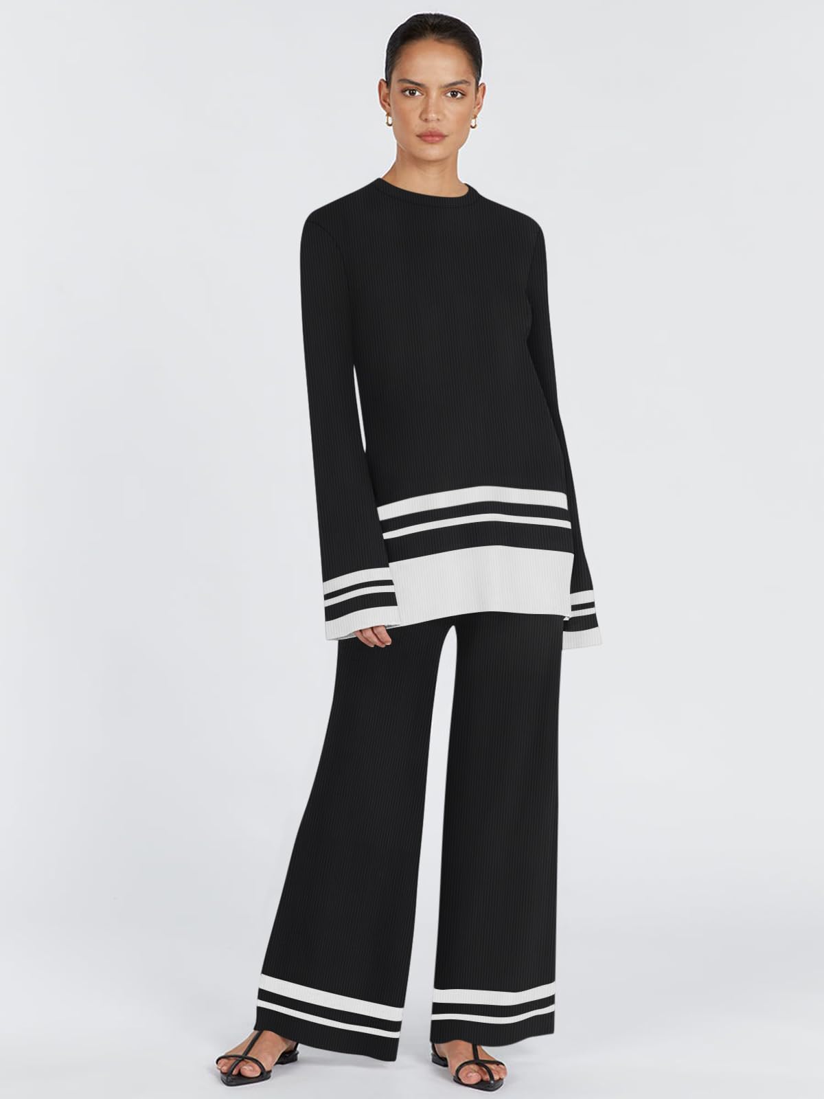 Yousify Women's 2-Piece Oversized Striped Knit Sweater Set - Lounge Matching Outfit & Tracksuit for Casual Wear, Fall Fashion 2024 | Cozy Home, Office, Date Night Outfits