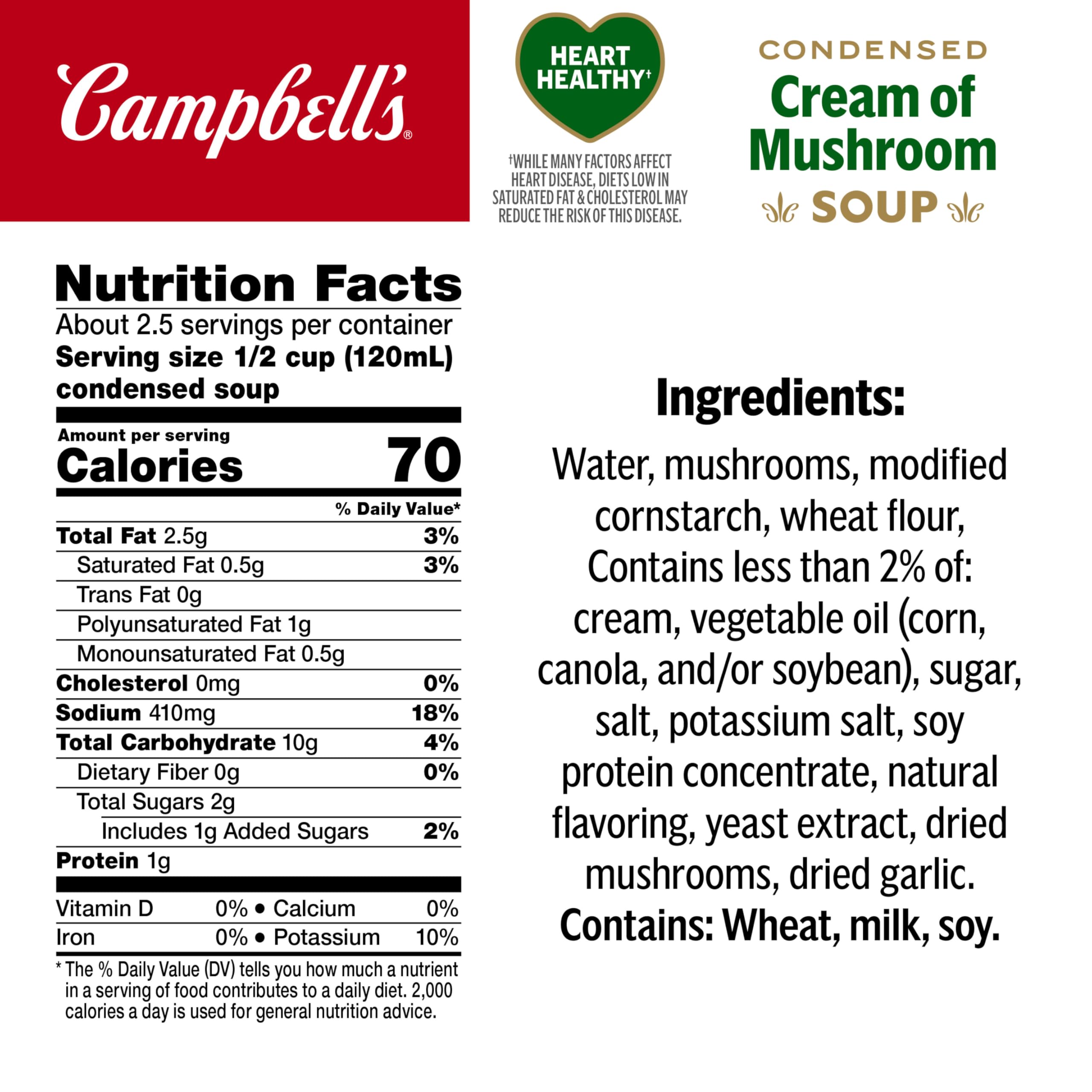 Campbell's Condensed Heart Healthy Cream of Mushroom Soup - 10.5 oz Cans (Pack of 12) | Low Sodium, Gluten Free | Perfect for Casseroles, Soups & Cooking Recipes