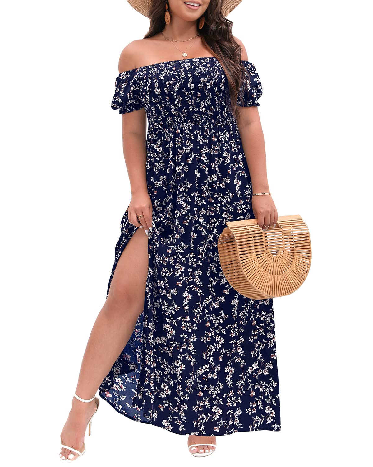 Plus Size Summer Dresses for Women - Floral Boho Casual Off Shoulder Long Maxi Dress with Pockets | Beach Vacation, Outdoor Date, Party Wear