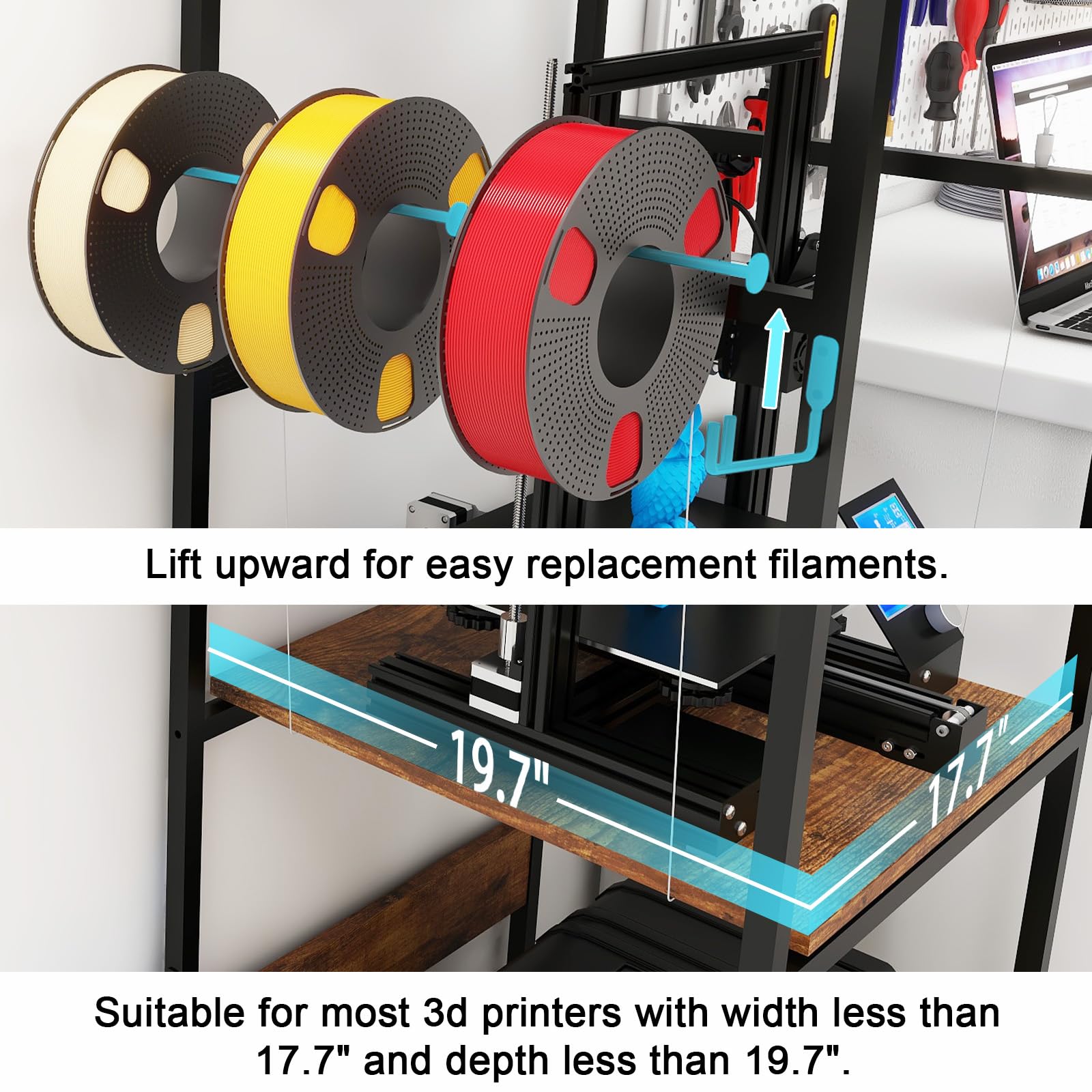 PUNCIA 3 Tier Heavy Duty 3D Printer Stand with Filament Storage Organizer - Sturdy Workbench for 3D Printing Workshop, Home Office & Maker Studio - Perfect for Filament Organization & Printer Stability