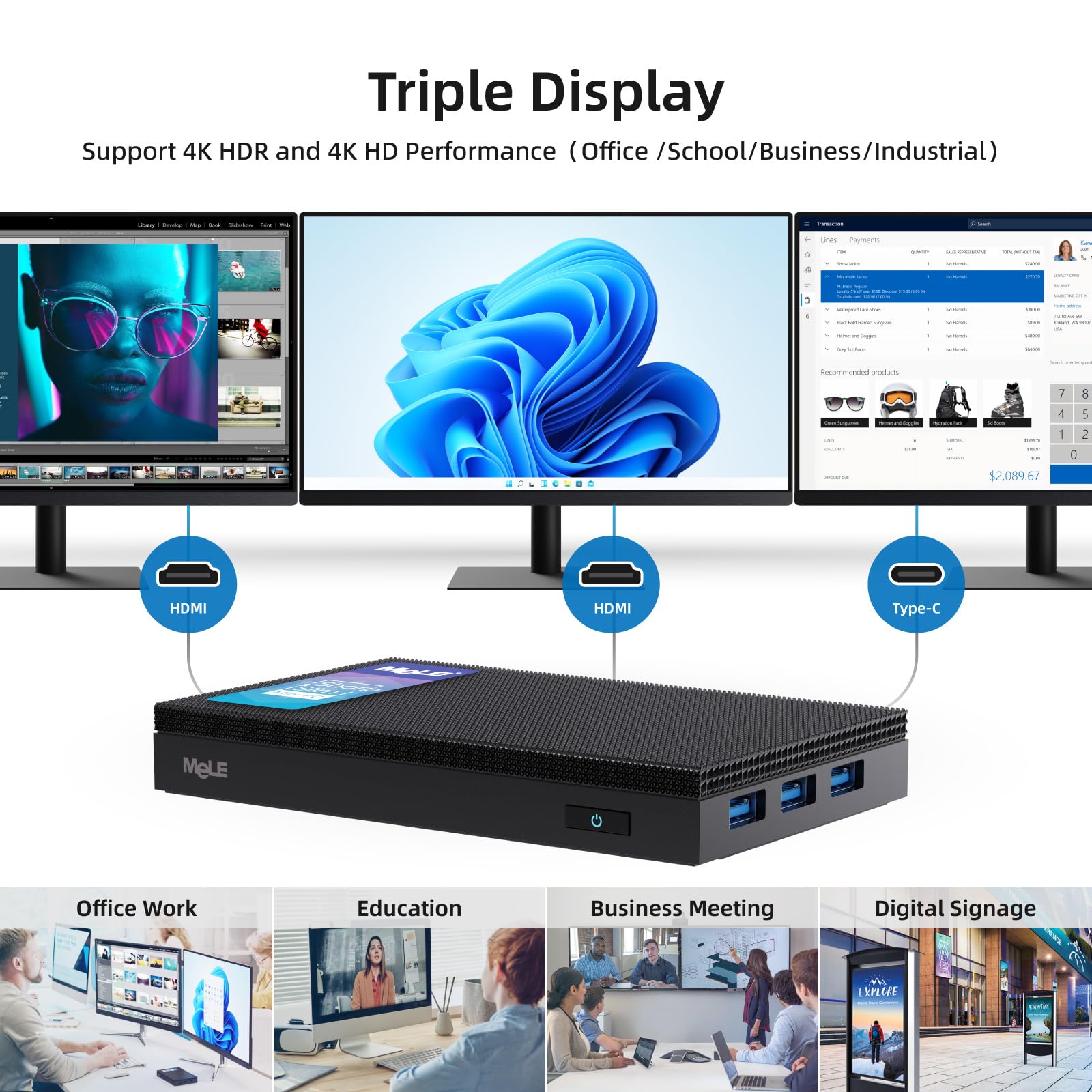 MeLE Quieter3C Fanless Mini PC - Intel Celeron N5105, 8GB RAM 128GB SSD, Windows 11 Pro, 4K Triple Display, Dual HDMI, WiFi 5, BT5.1, Ethernet - Compact Desktop Computer for Home Office, Digital Signage & Media Center