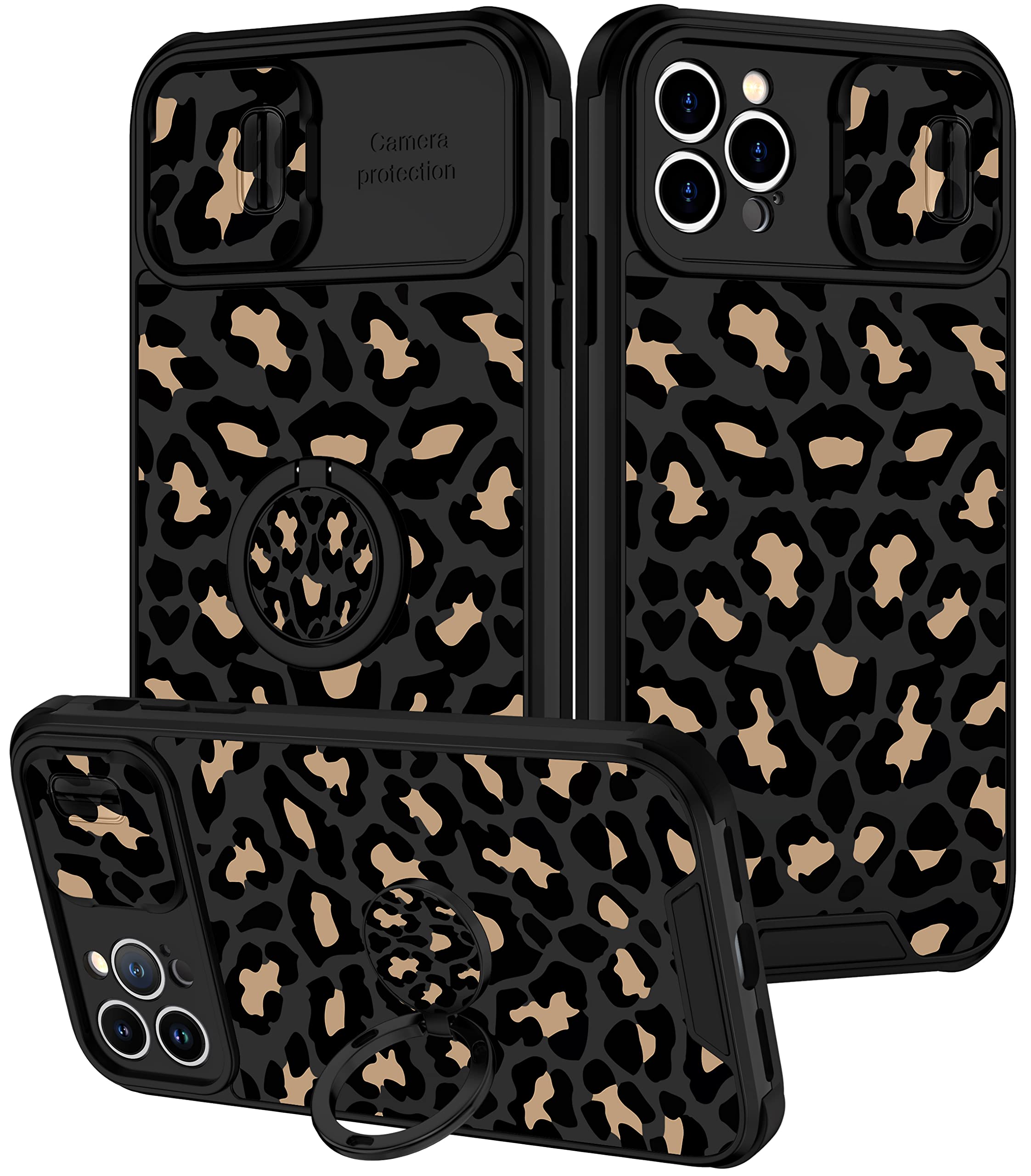 Goocrux 2in1 Luxury iPhone 12 Pro Max Case for Women - Black Cheetah Print with Slide Camera Cover & Ring Holder | Cute Animal Pattern Phone Cover for 6.7