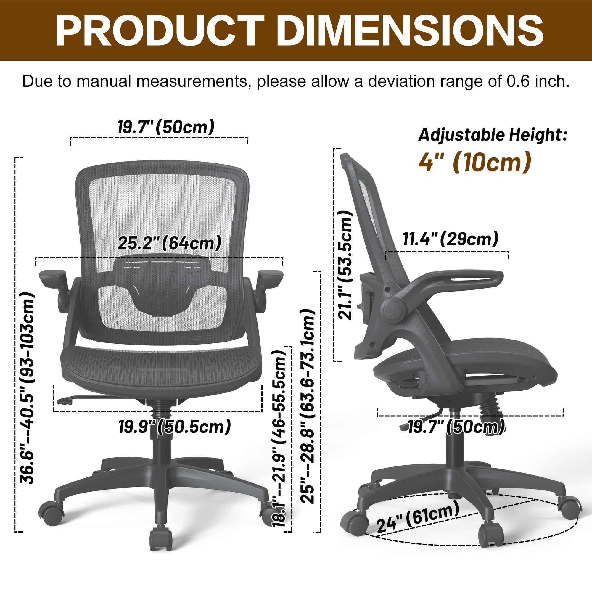 KOLLIEE Ergonomic Mesh Office Chair with Adjustable Lumbar Support & Flip-Up Arms - Breathable Swivel Computer Desk Chair for Home Office, Gaming & Workspace - Black