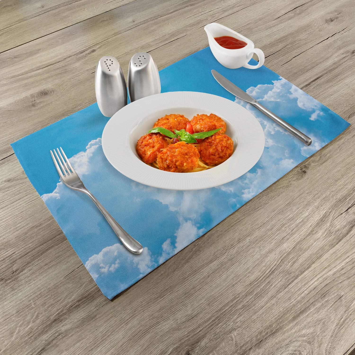 Ambesonne 4-Piece Cloud Design Placemats Set - Sky Blue & White Washable Fabric Dining Mats for Kitchen Table Decor | Perfect for Home, Restaurant, and Outdoor Picnic Use