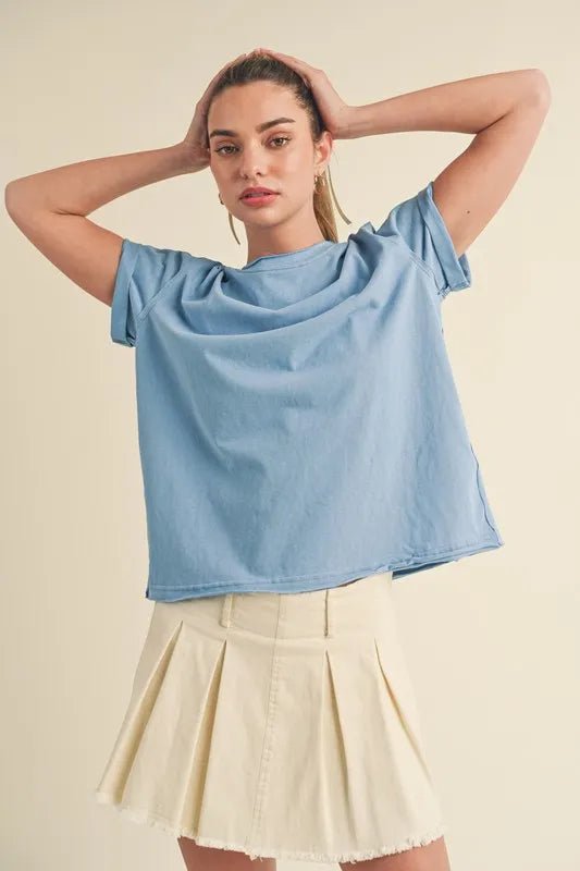 Aemi + Co Women's Exposed Seam Round Neck Short Sleeve Basic T-Shirt - Casual Everyday Wear & Layering Essential