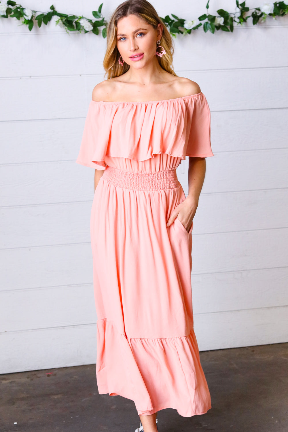 Coral Off-Shoulder Smocked Waist Ruffle Sleeve Midi Dress for Women - Summer Beach Party, Wedding Guest, Date Night Outfit