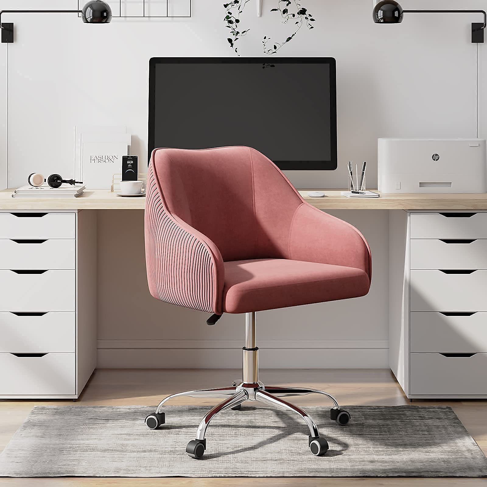 Cute Pink Velvet Desk Chair with Wheels and Arms for Teen Girls - Ergonomic Swivel Rolling Task Chair for Home Office, Bedroom, Makeup Vanity - Comfy Computer Chair for Studying, Working, Gaming & Relaxing