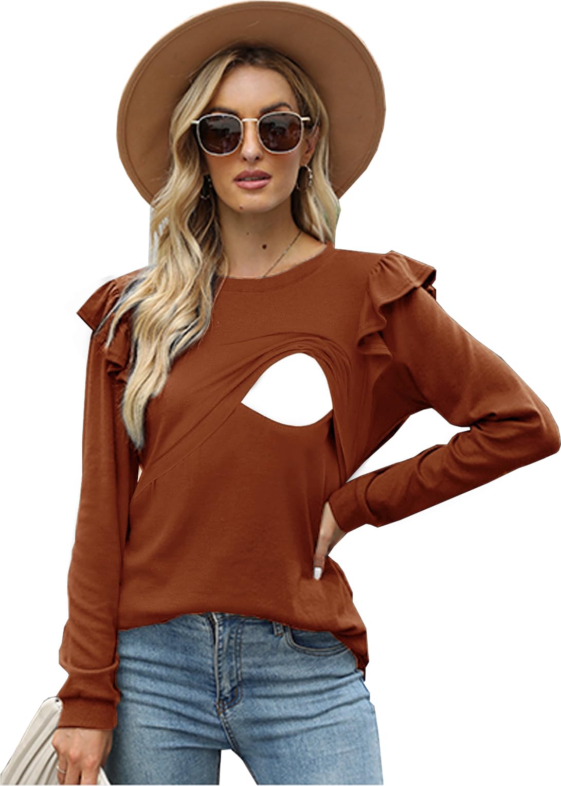 Women's Nursing Flutter Sleeve T-Shirt - Comfortable Crew Neck Blouse for Breastfeeding Moms | Perfect for Maternity Wear, Nursing at Home or On-The-Go