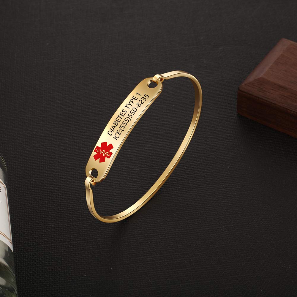 Personalized Medical Alert Bracelet for Women - Custom Engraved Emergency ID Bangle with Stainless Steel Chain - Perfect for Diabetes, Allergies & Heart Conditions (Ideal for Daily Wear & Outdoor Activities)