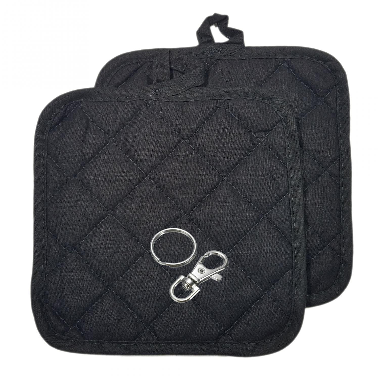 4PCS Heat Resistant Potholders Set - 7x7 Inch Black Kitchen Hot Pads with Bonus Lobster Clasp & Key Ring - Perfect for Cooking, Baking, Grilling and Kitchen Safety