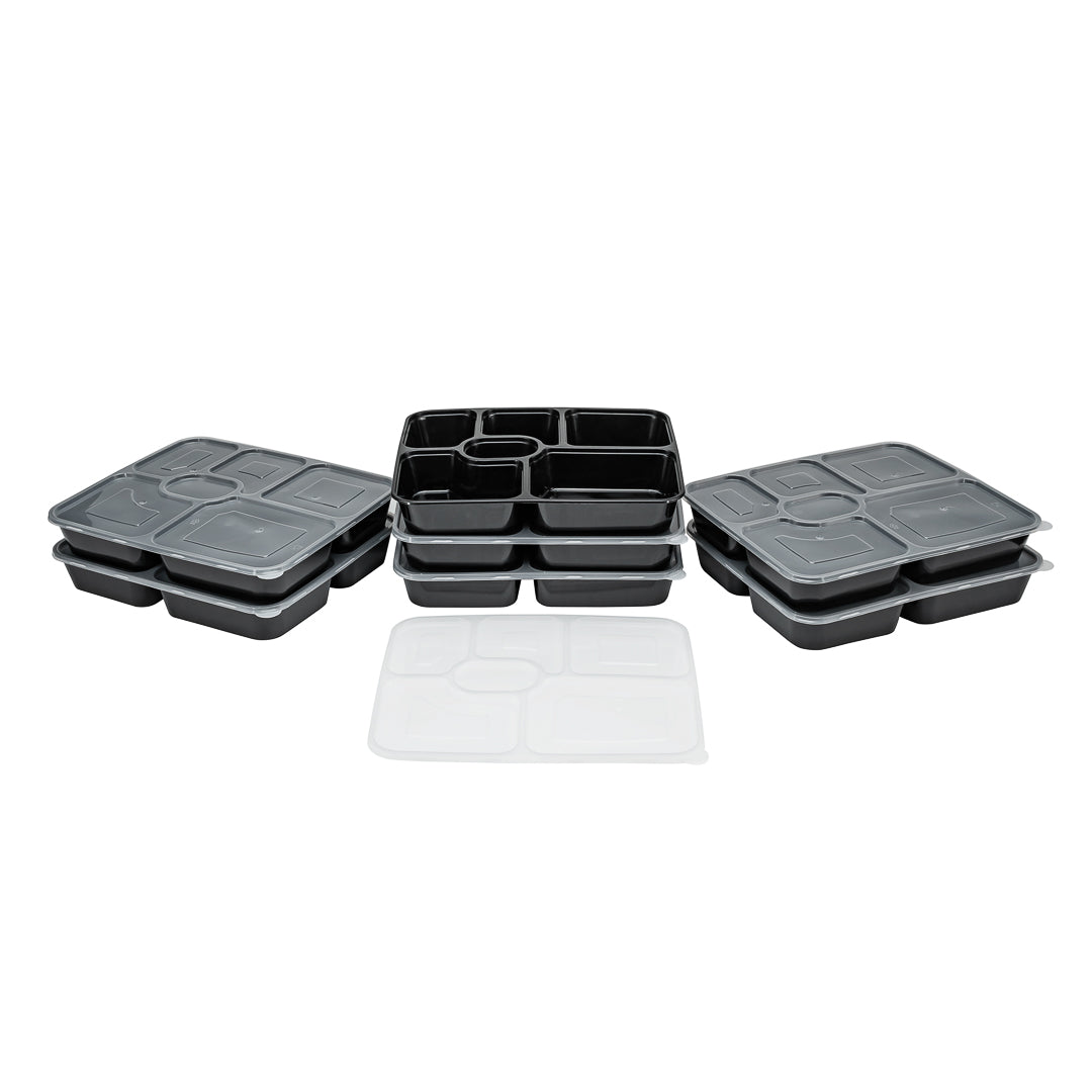 53 oz Black Plastic 6-Compartment Food Storage Container with Clear Lid - Microwave Safe (9.75