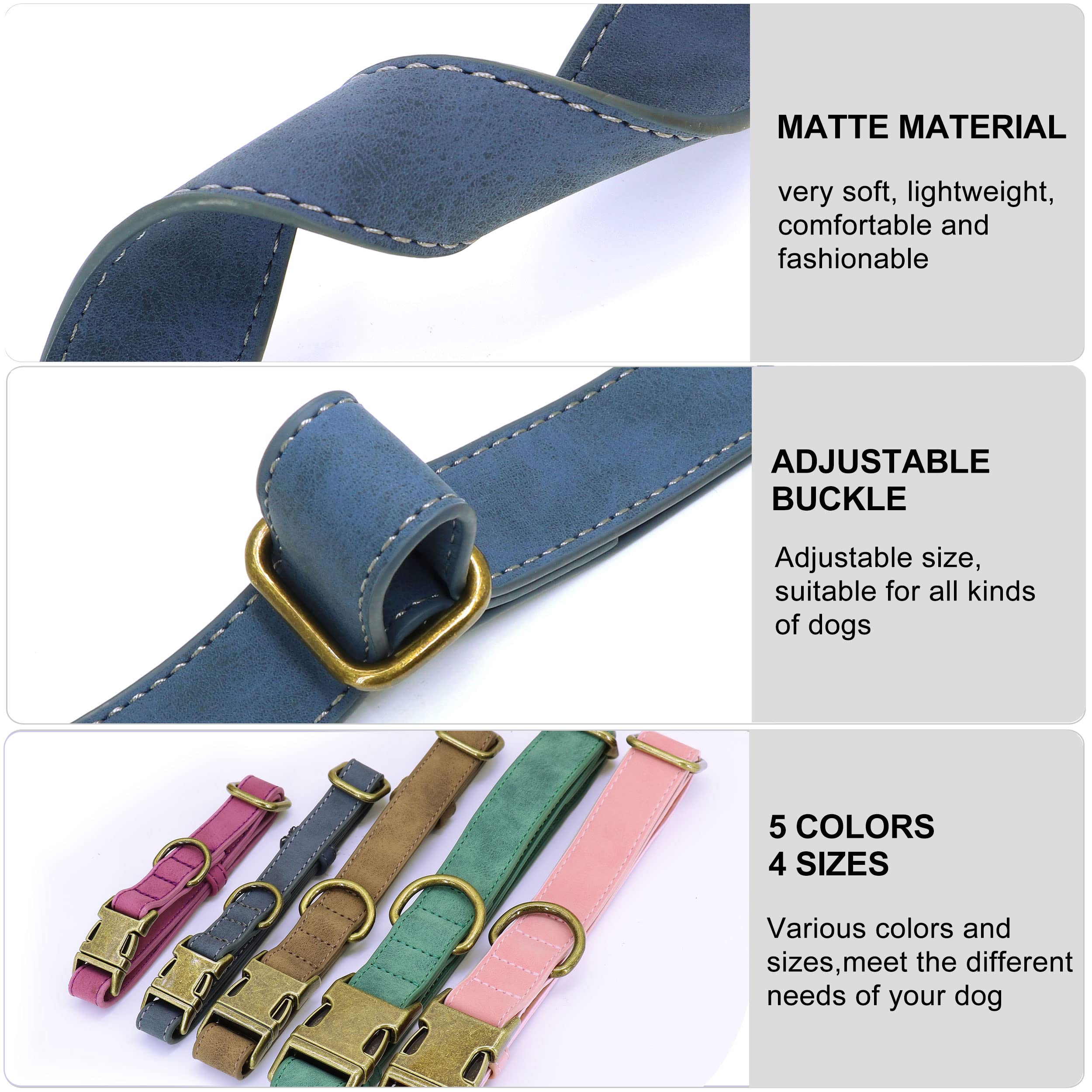 Personalized Leather Dog Collar with Name Plate - Adjustable, Soft Padded Pet Collar for Small, Medium & Large Dogs - Blue - Perfect for Walks, Training & Grooming Sessions