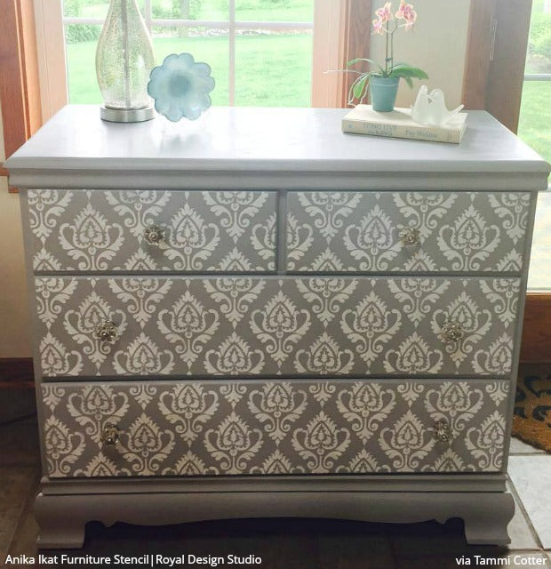 Anika Ikat Damask Furniture Stencil - DIY Home Decor, Wood Painting Template for Tables, Chairs, Cabinets - Perfect for Upcycling Projects & Custom Furniture Design