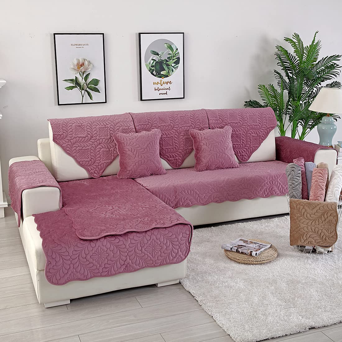 Velvet Quilted Sofa Cover - Soft Non-Slip Sectional Couch Slipcover for Pets, Recliner & L-Shaped Couches - Armrest & Backrest Protector (Purple, 36