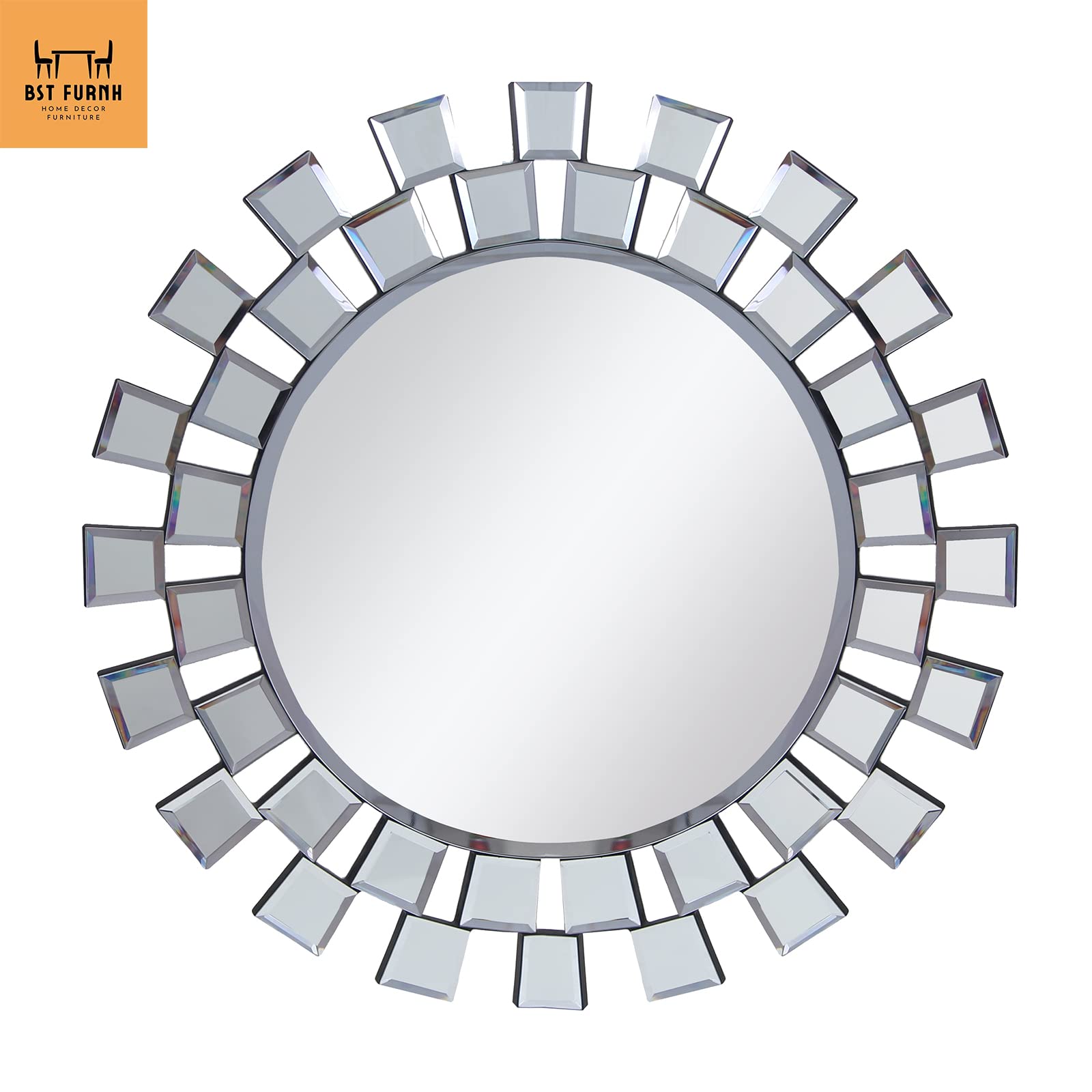 BST FURNH 24 Inch Sunburst Mirror - Round Frameless Wall Decor for Living Room, Bedroom & Bathroom | Elegant Sun Mirror for Home & Office Decoration