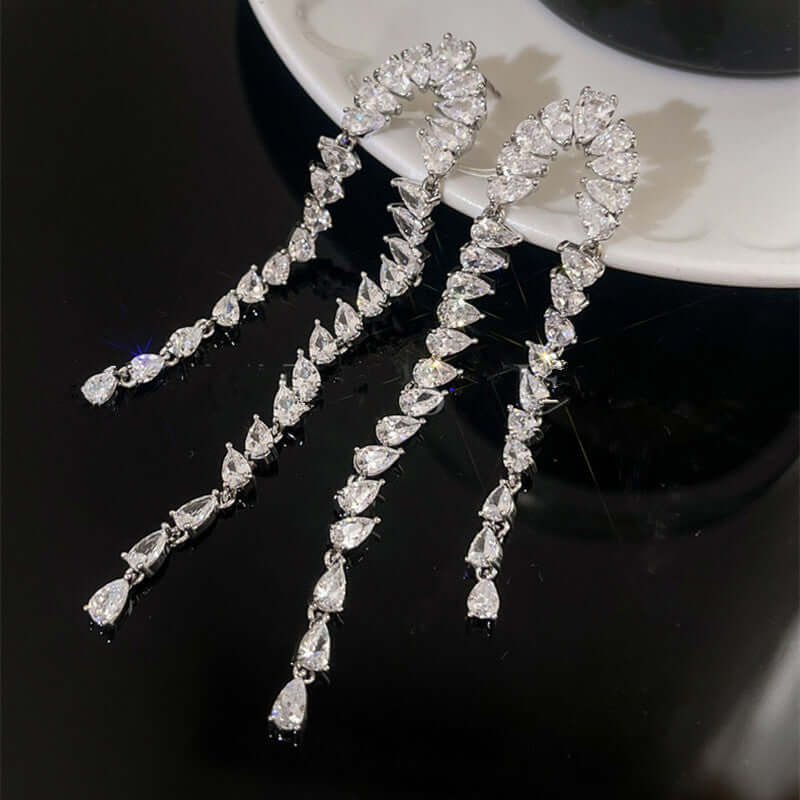 Luxury Teardrop Zircon Waterfall Fringe Earrings for Women - Elegant Crystal Dangle Earrings for Party, Wedding & Evening Events | R5347