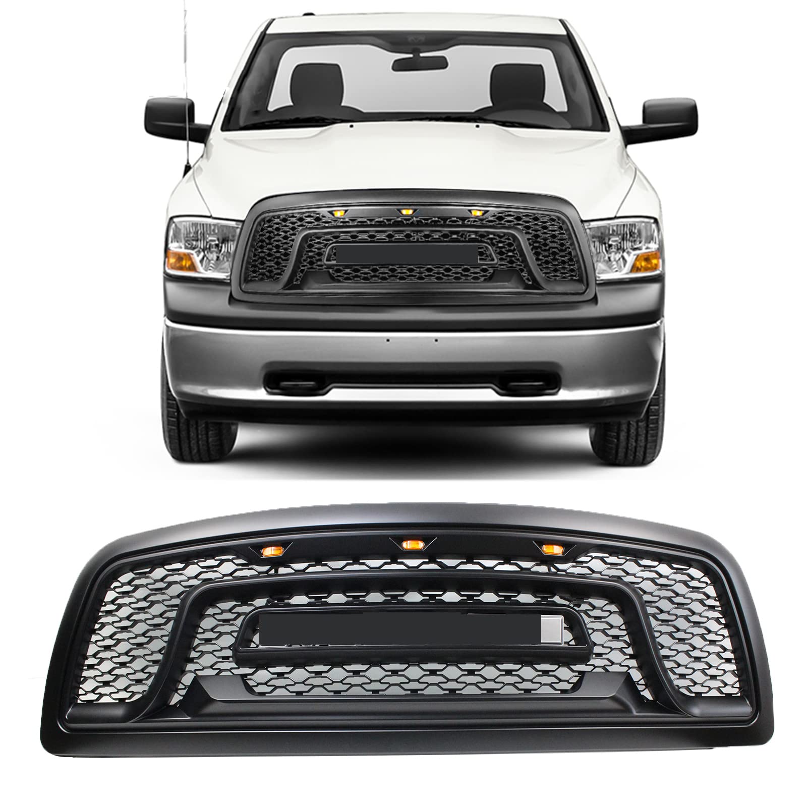 Rebel Style Front Replacement Grill for Ram 1500 2009-2012 | Matte Black Grille Kit with LED Amber Lights & Letter Inserts (Excludes Chrome Letter) | Off-Road & Truck Customization Upgrade