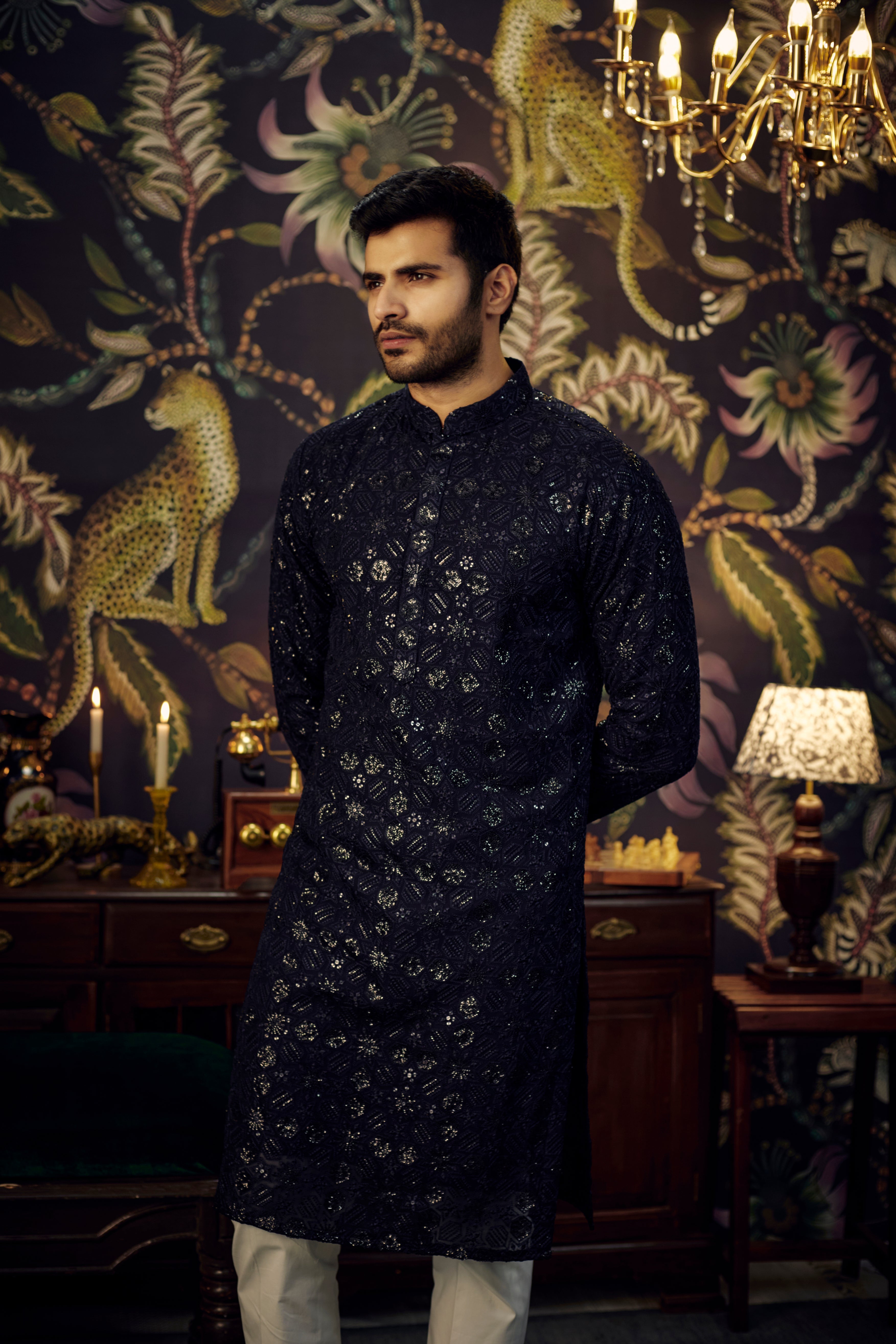 Midnight Blue Embroidered Kurta with Heavy Sequins - Geometric Design Elegance for Women's Ethnic Wear | Perfect for Weddings, Parties & Festive Occasions