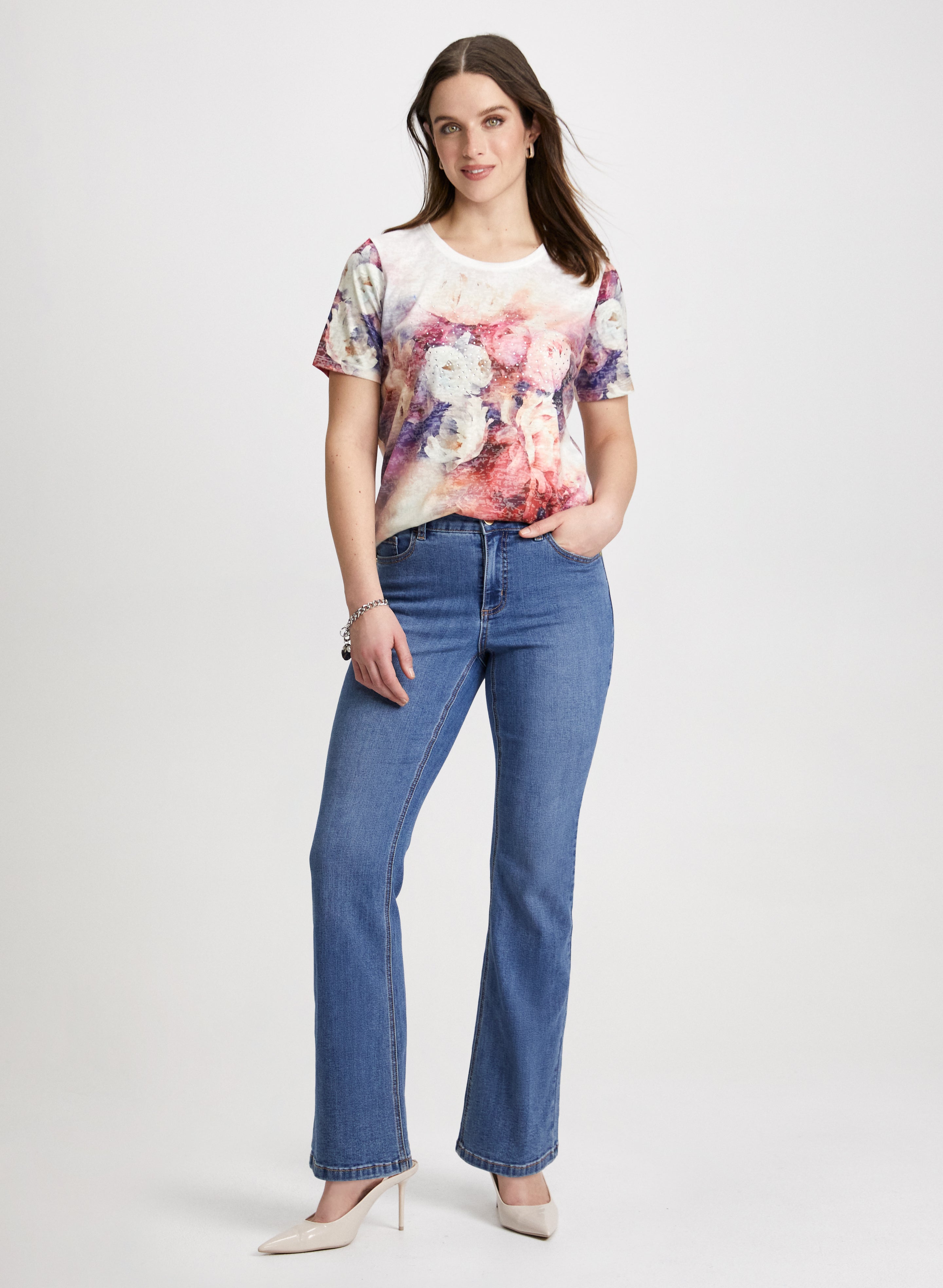 Floral Print Burnout Tee - Women's Fashion Vintage Style Soft Cotton T-Shirt for Casual Wear, Summer Outfits & Boho Style