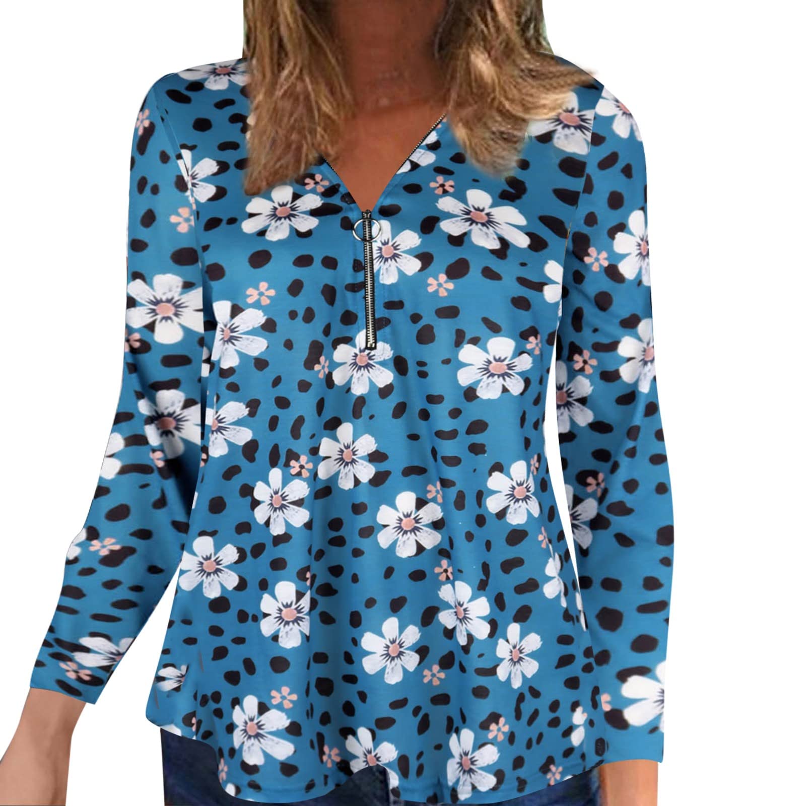 Women's Long Sleeve V-Neck Loose Casual T-Shirt with Print Patchwork & Zipper Detail - Comfortable Everyday Wear for Work, Outings & Relaxation