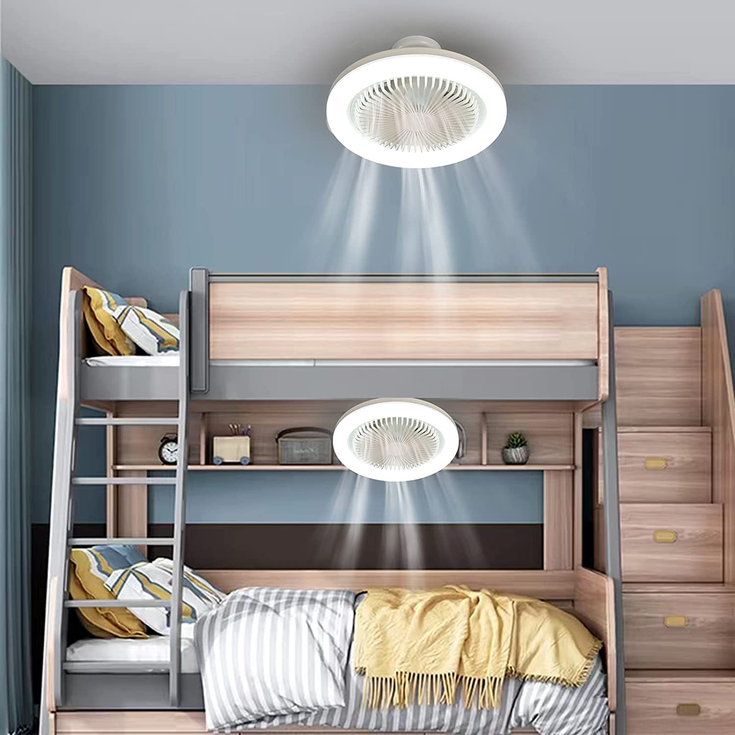 AHXIAOZN Low Profile Bladeless Ceiling Fan with LED Light - 28cm White Semi-Flush Mount Mini Ceiling Fan for Bedroom, Kitchen, Nursery & Small Spaces