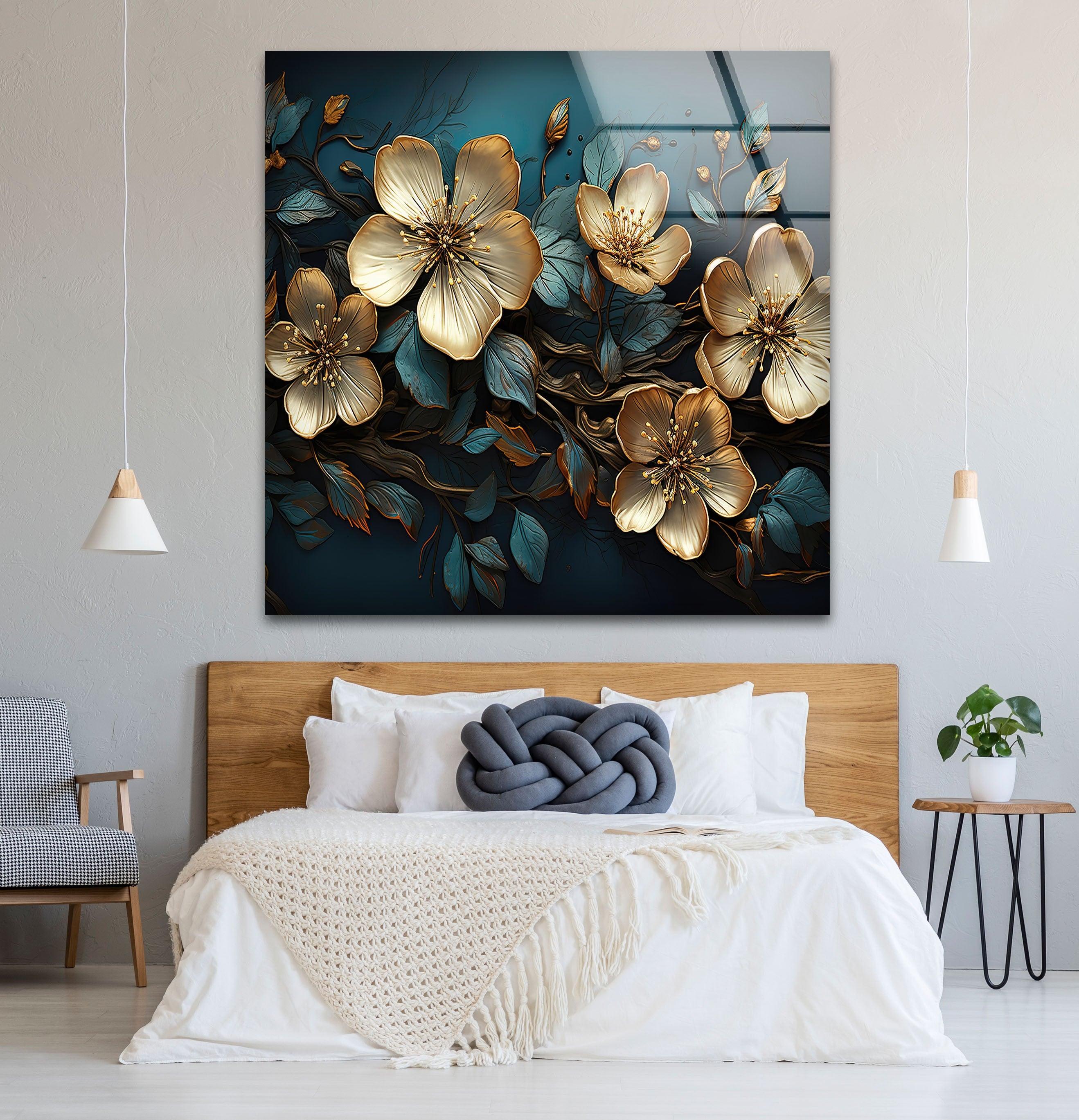 Beige & Blue Botanical Glass Wall Art - Elegant Home Decor for Living Room, Bedroom & Office - Perfect Gift for Housewarming & Wedding
