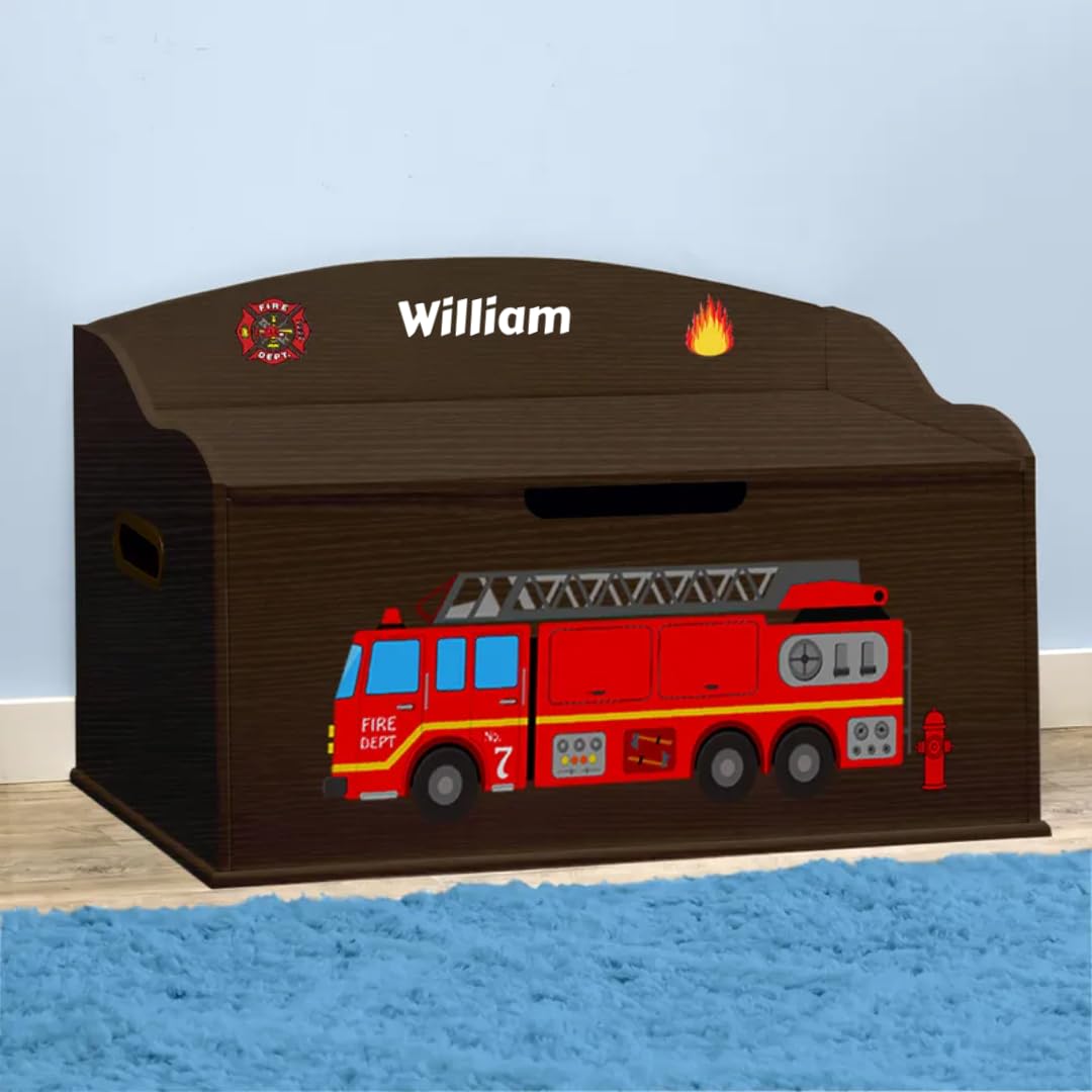Personalized Creative Wonders Toy Box - Firetruck & Espresso Design | Custom Kids' Storage Organizer for Bedroom, Playroom & Nursery Decor