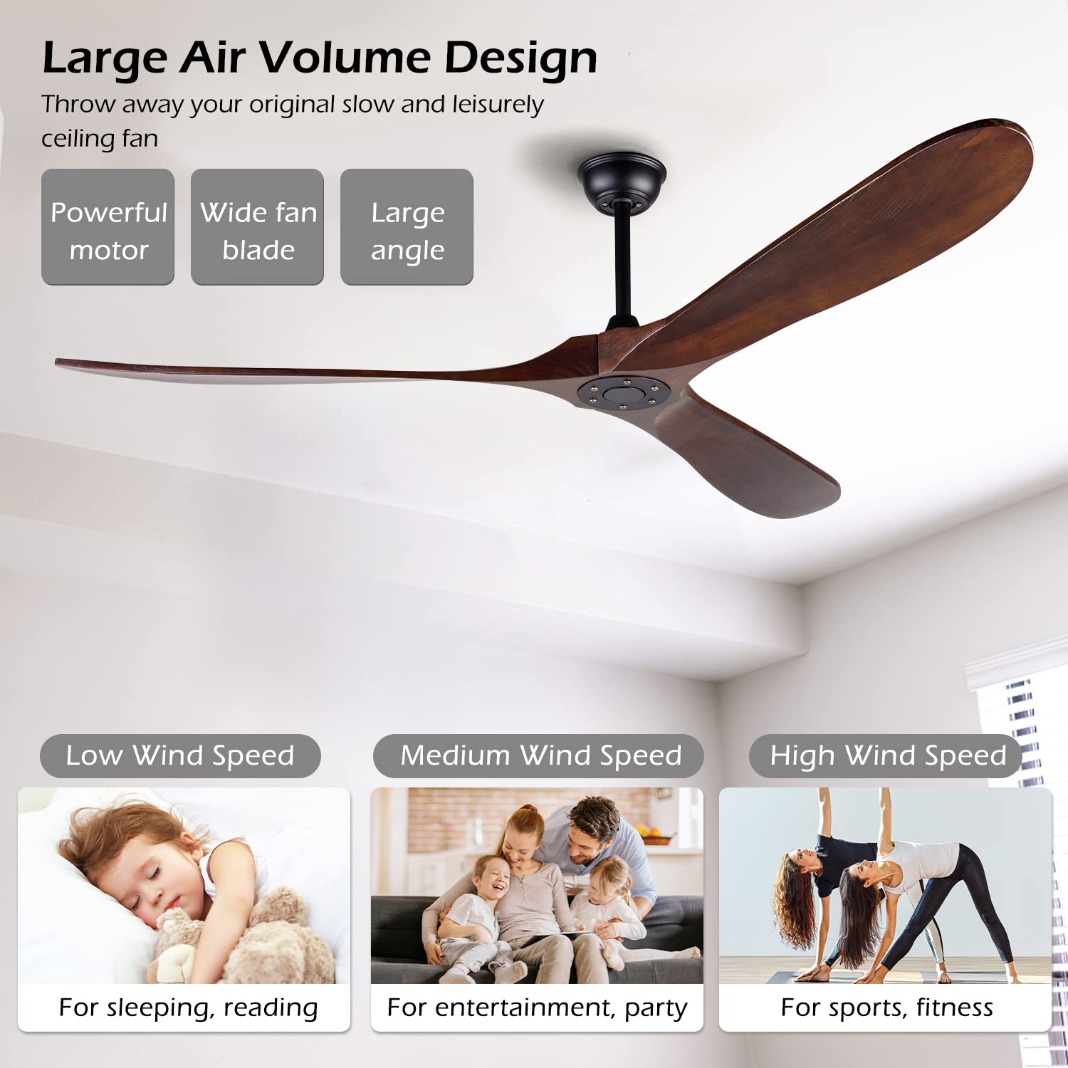 70 Inch Solid Wood Ceiling Fan Without Light - Remote Control, 3 Blades, Waterproof - Natural Wood Indoor/Outdoor Ceiling Fan for Patio, Bedroom, Living Room - Perfect for Cooling Large Spaces with Rustic Charm