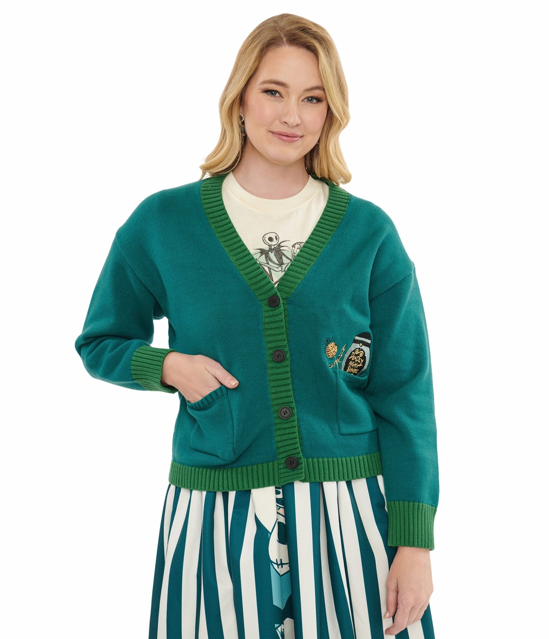 Tim Burton's The Nightmare Before Christmas Teal Cardigan - Unique Vintage Deadly Nightshade Jacket | Halloween Cosplay, Christmas Party Outfit, Gothic Fashion