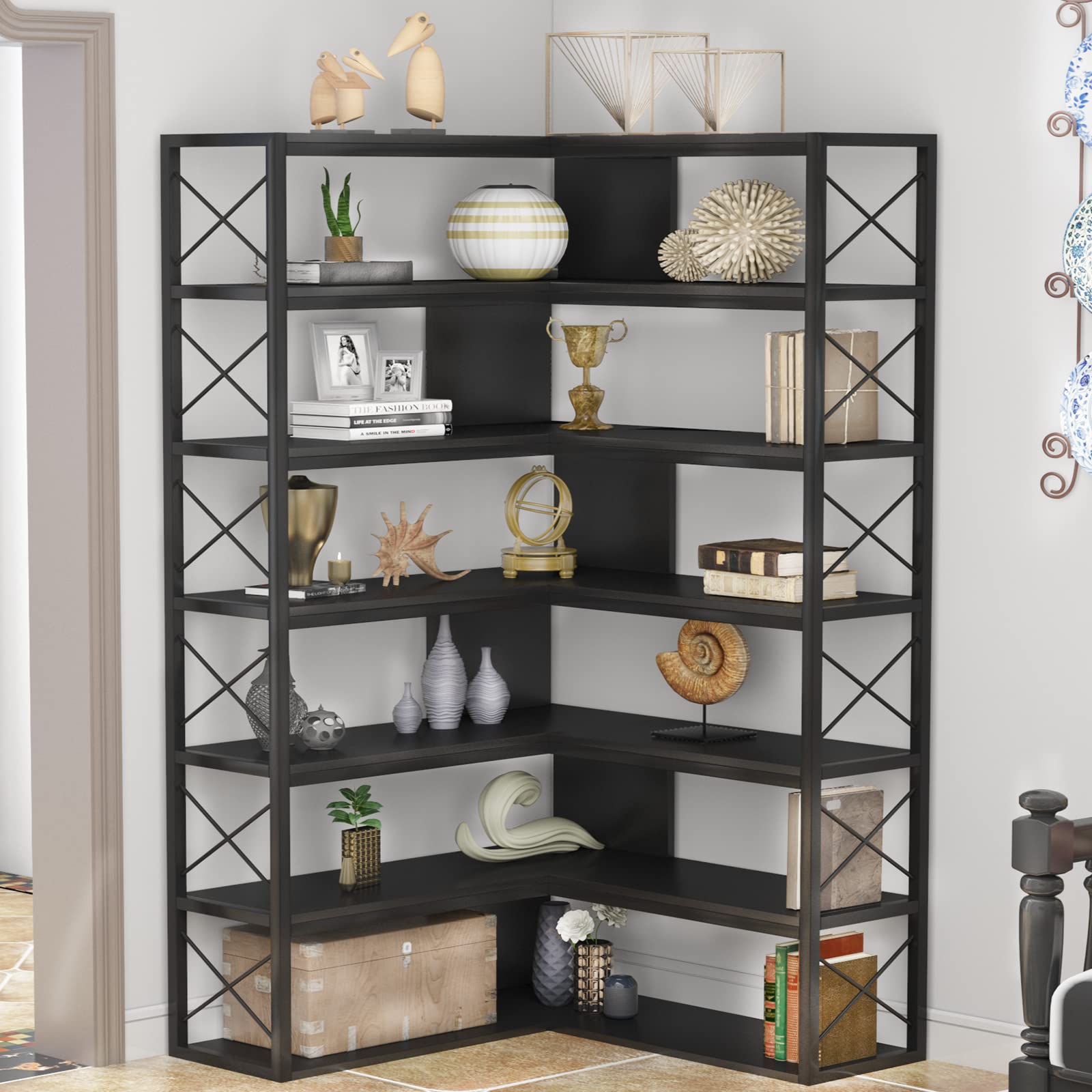 Vintage Industrial 6-Shelf Corner Bookshelf - Black Metal Frame Open Storage Bookcase for Living Room & Home Office | Space-Saving Corner Shelf for Books, Decor & Display