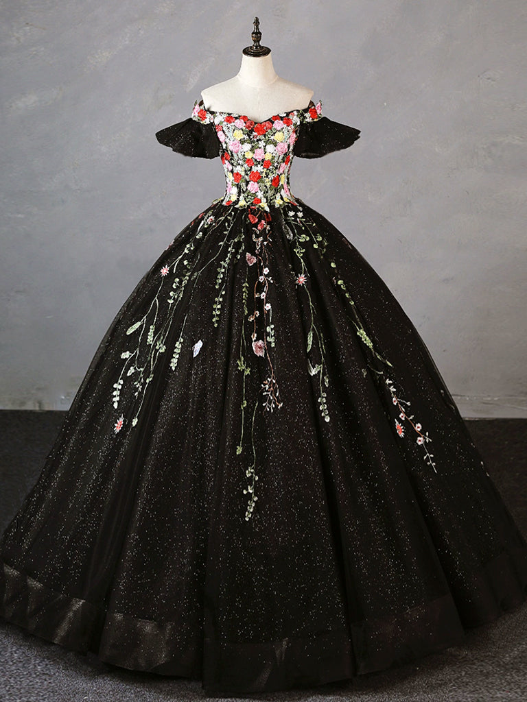 Elegant A-Line Tulle Lace Black Long Prom Dress for Women - Sweet 16 Party Gown with Floral Embroidery | Perfect for Homecoming, Quinceañera, and Formal Evening Events