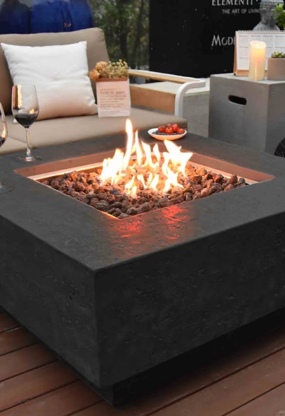 AMS Modern Concrete Propane Fire Pit Table for Outdoor Patio - Includes Cover & Lava Rocks | Elementi Dark Grey Manhattan Design | Liquid Propane Fuel | Perfect for Backyard Gatherings, Poolside Relaxation & Cozy Evenings